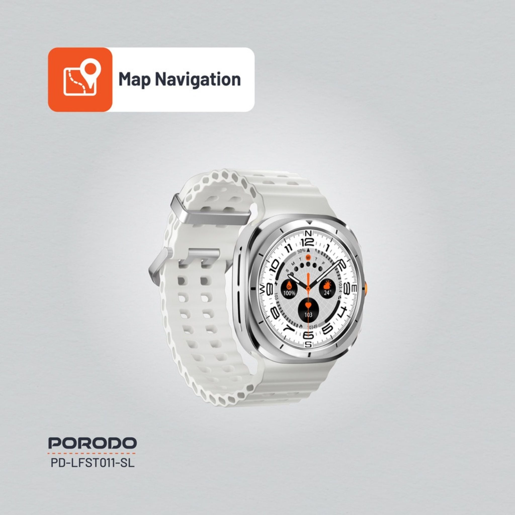Porodo Voyager Smart Watch 1.43" AMOLED Display 466×466, Bluetooth Calling, Built-In Compass, Rugged Zinc Alloy Design, 400mAh Battery Up to 7 Days, Android & iOS Compatible- Silver