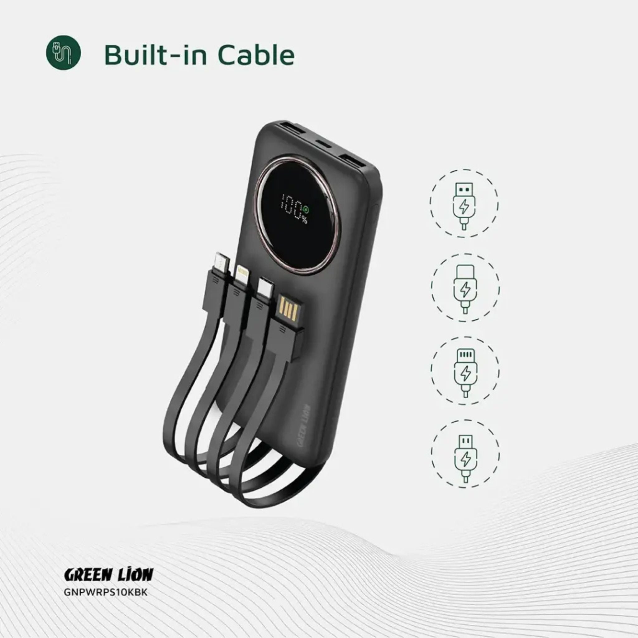 Green Lion Power Pulse 10000mAh Power Bank, PD 22.5W, Portable, Digital Display, Fast Charge Support, Micro + Lightning + Type-C + USB-A Integrated Cables - Black