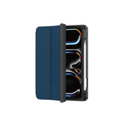 A blue-colored folio case for iPad 10.2", featuring a stable trifold stand and a pencil holder.