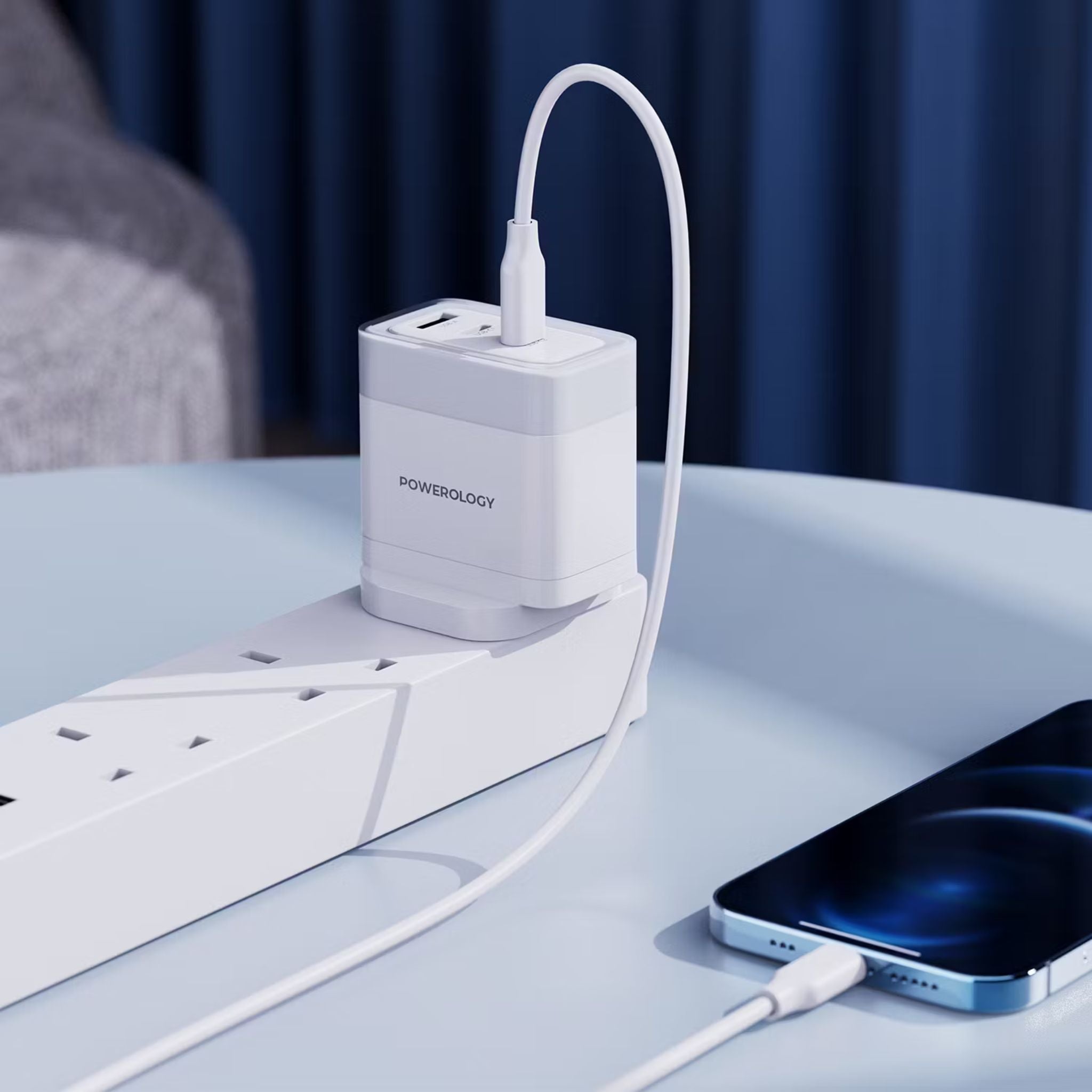 Powerology Lunex Series 3-Port Fast Charging Adapter with UK 3-Pin Power Plug, 65W PD USB-C Output, 22.5W QC USB-A Output, Multi-Device Charging, Powerful Laptop Charging, Universal Protocol Support - White