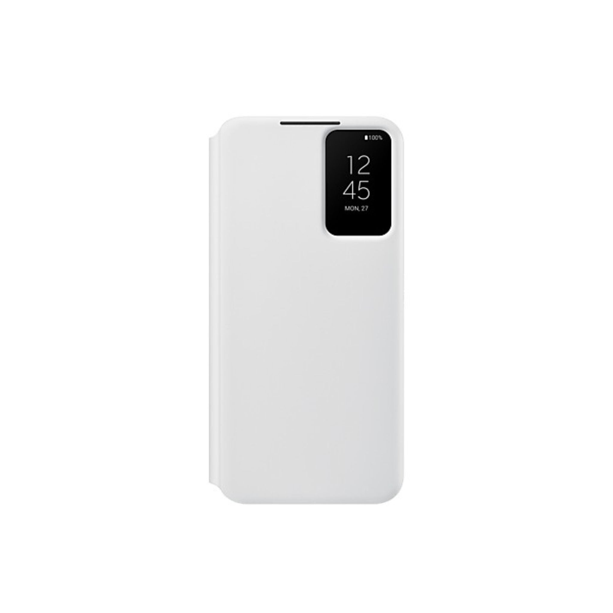 White phone case with a screen displaying time and date on a white background