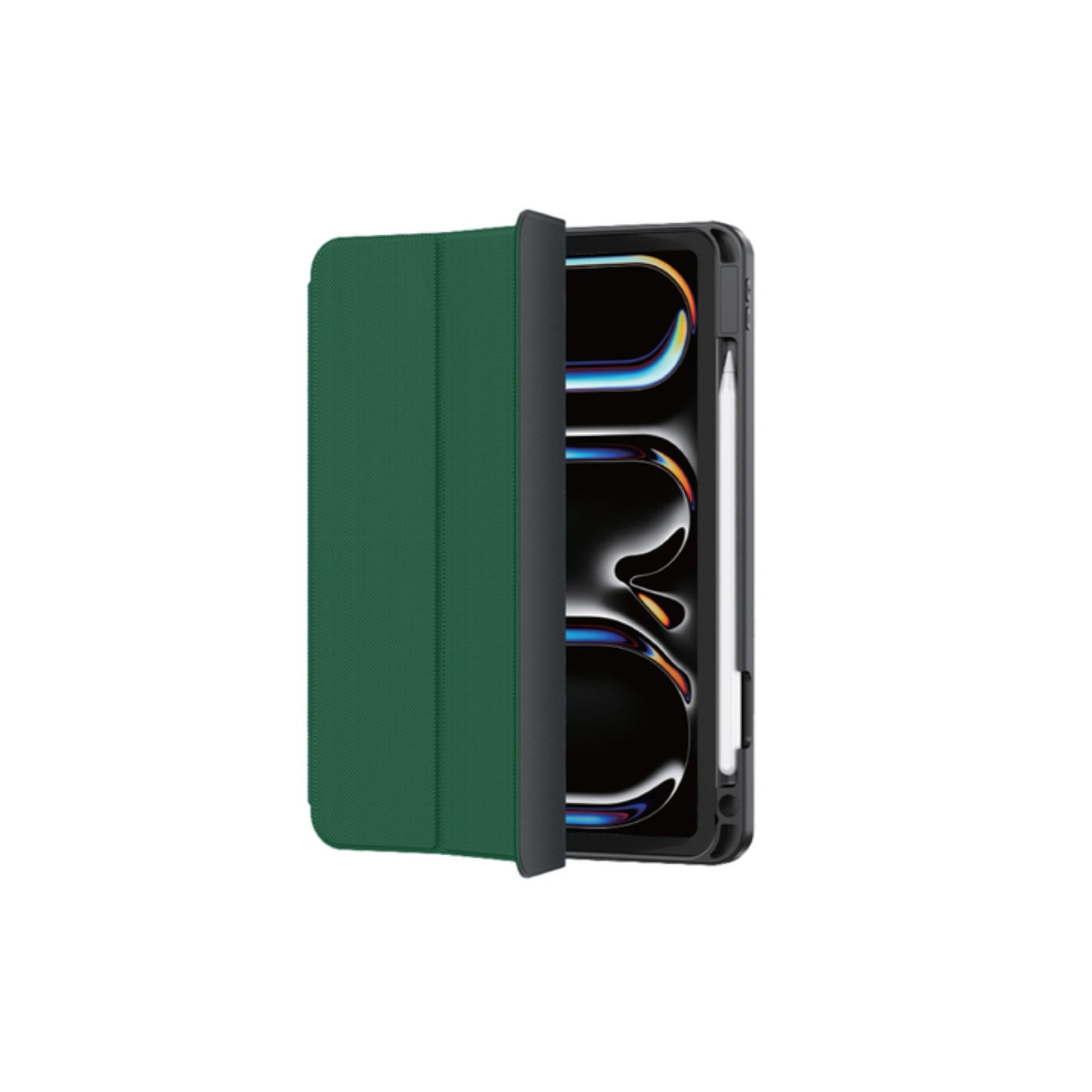 A green leather iPad case with a pencil holder and a stable trifold stand.