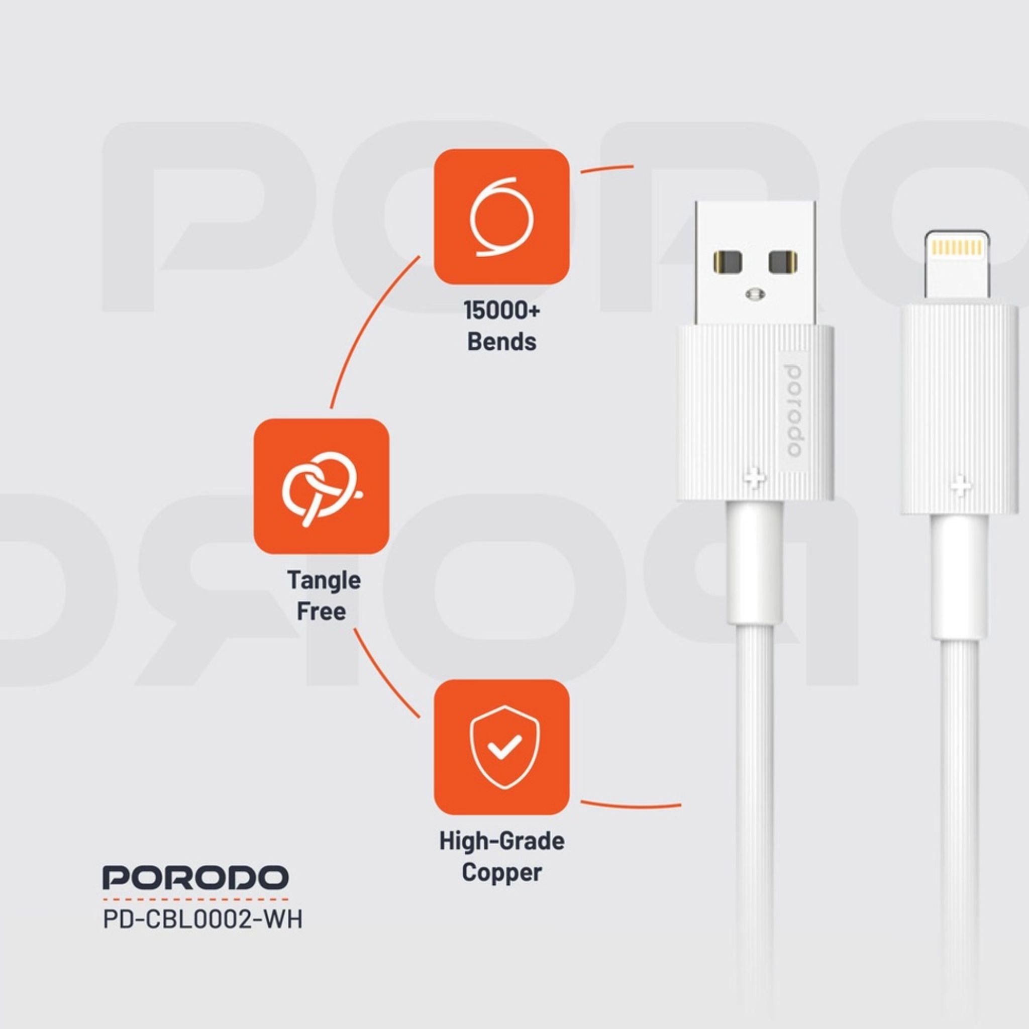 Porodo USB A to Lightning PVC Cable, 480Mbps, 2.4A Current, more than 15000 Bends Life Span, 1.2m Cable length, Tangle Free - White