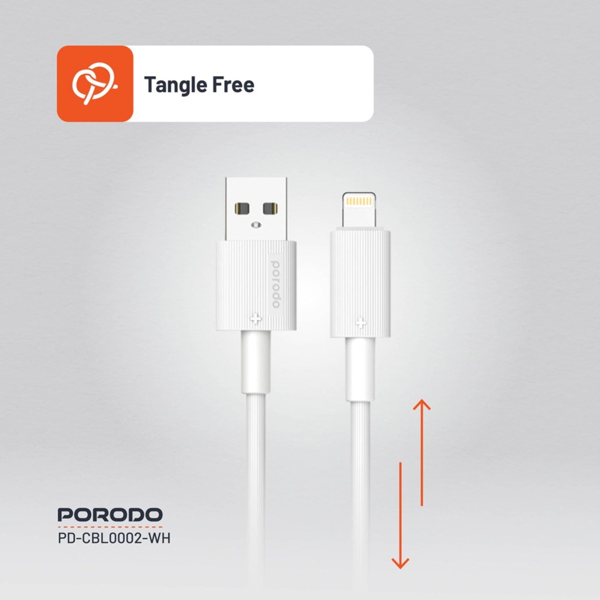 Porodo USB A to Lightning PVC Cable, 480Mbps, 2.4A Current, more than 15000 Bends Life Span, 1.2m Cable length, Tangle Free - White