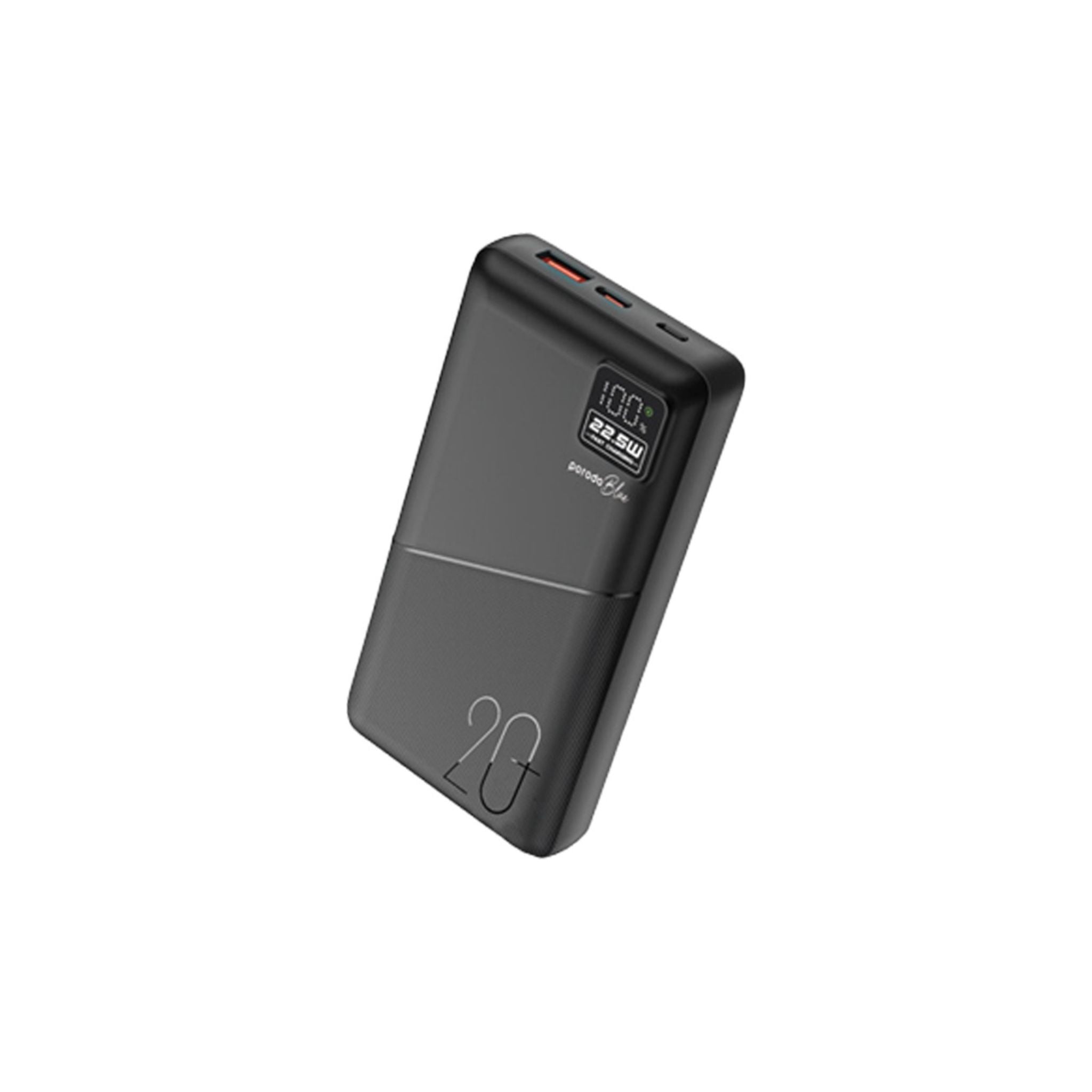 Porodo Blue Quick Charge Power Bank with USB-A & USB-C Outputs, 20000mAh Battery Capacity, Digital Display, 20W Power Delivery - Black