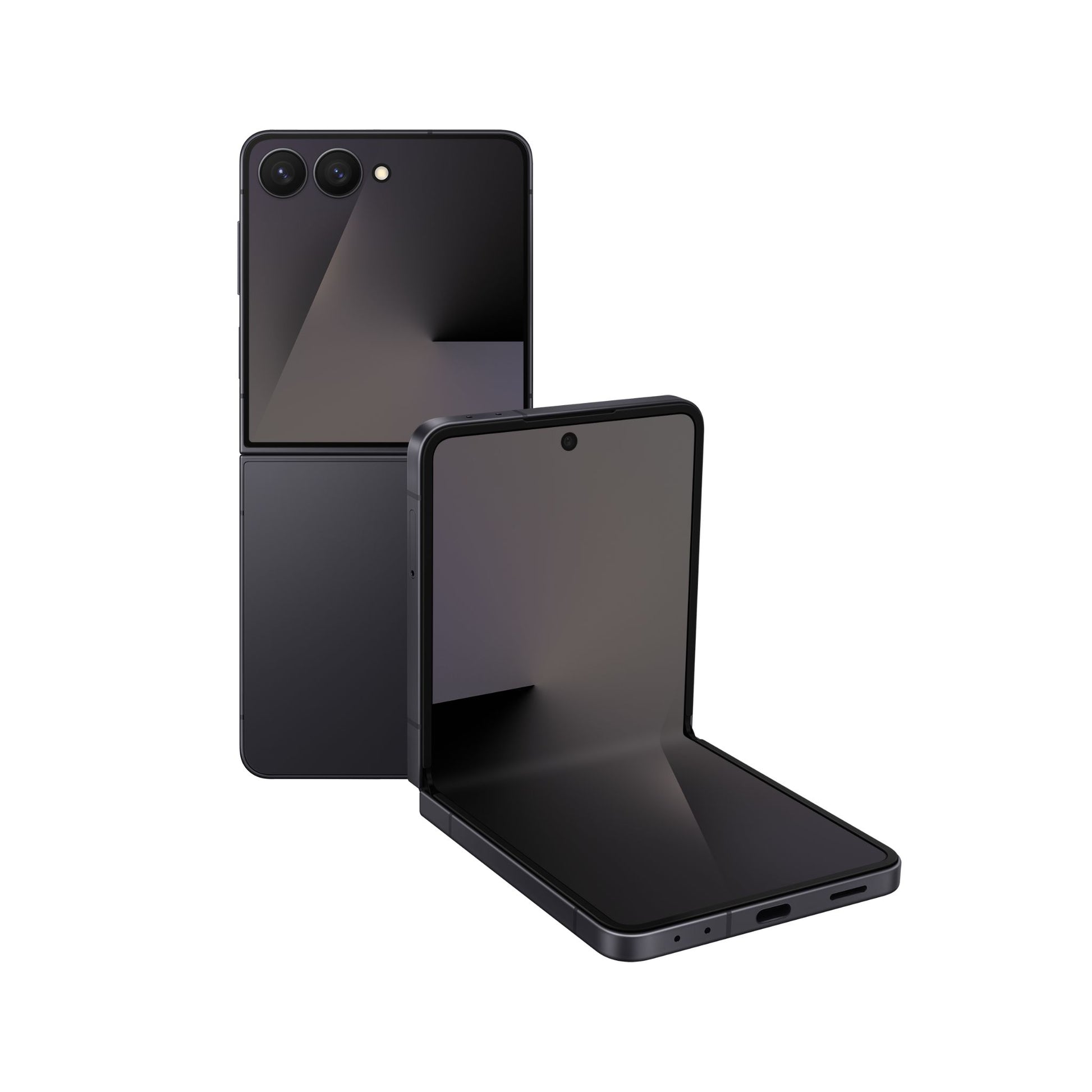 Black smartphone with a reflective surface on a white background