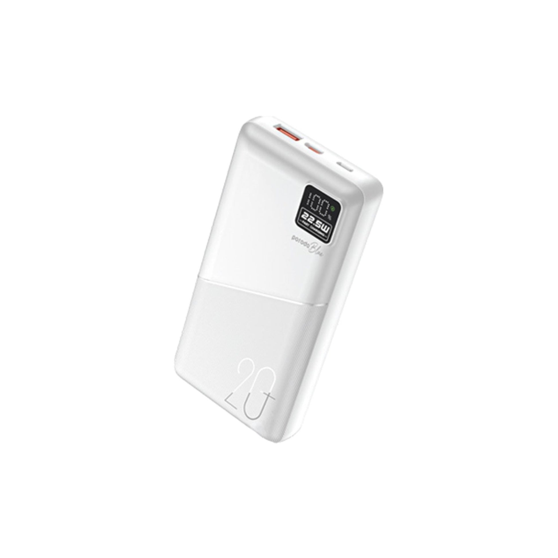 Porodo Blue Quick Charge Power Bank with USB-A & USB-C Outputs, 20000mAh Battery Capacity, Digital Display, 20W Power Delivery - White