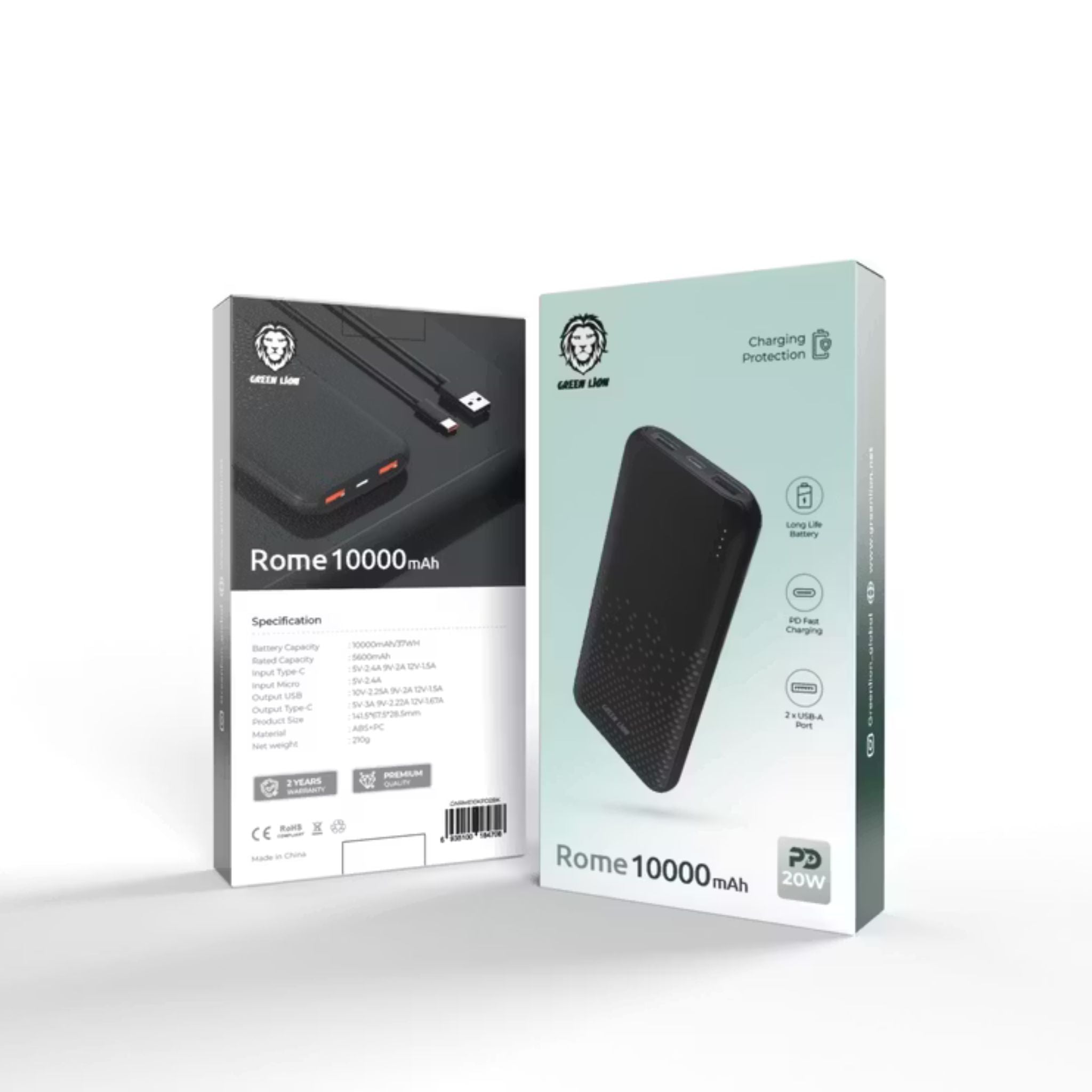 Green Lion Rome 10000mAh Power Bank, Compact & Lightweight Design, 20W Power Delivery, Fast Charge, 2 × USB-A & Type-C Output, Type-C & Micro Input - Black
