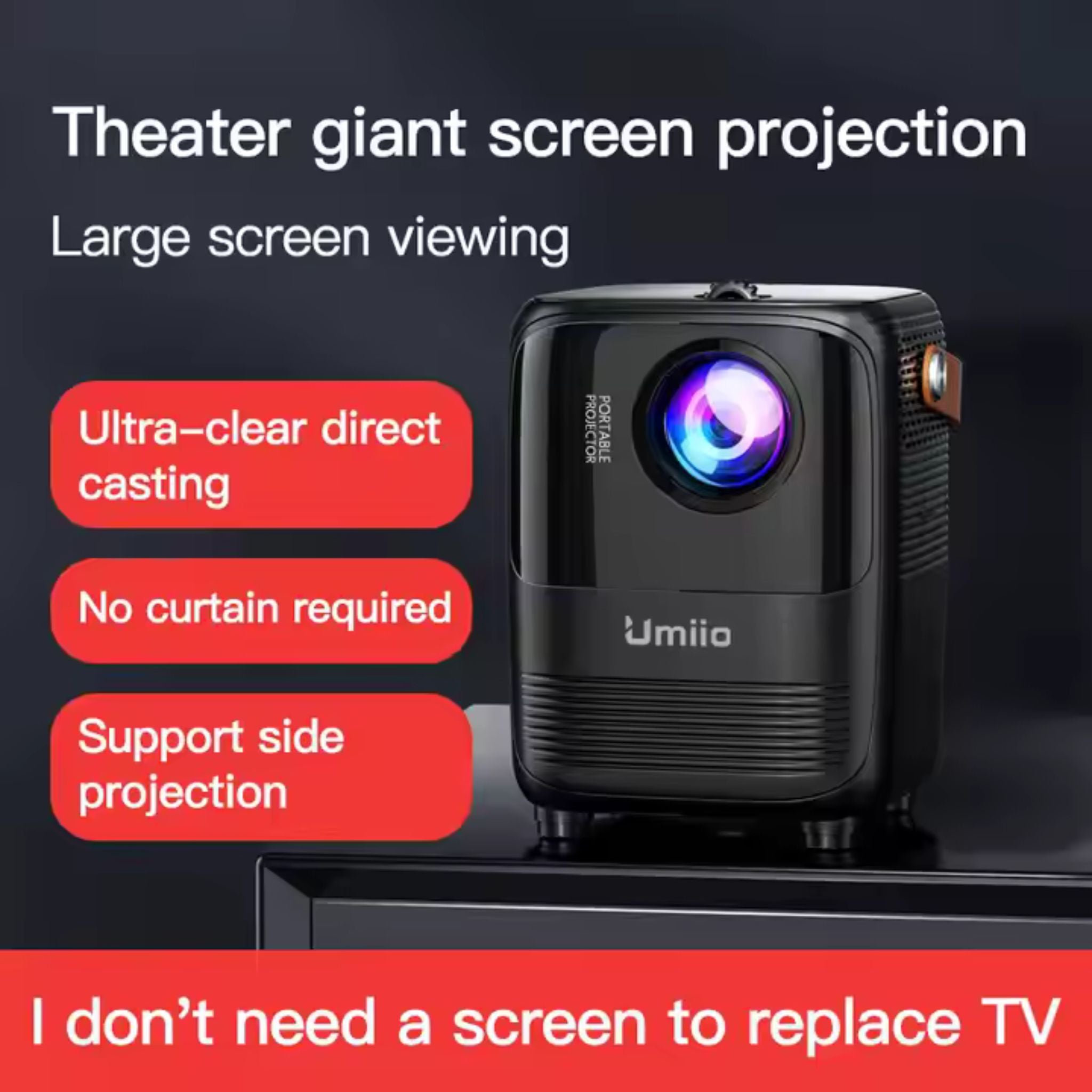 Umiio A008 Intelligent Screen Projector 5G WiFi & Bluetooth, 1080P HD Home Entertainment Hub, Compact Design, Wireless Streaming, Smart Projection, Higher Resolution Brightness, For Move Music TV Game Casting- Black