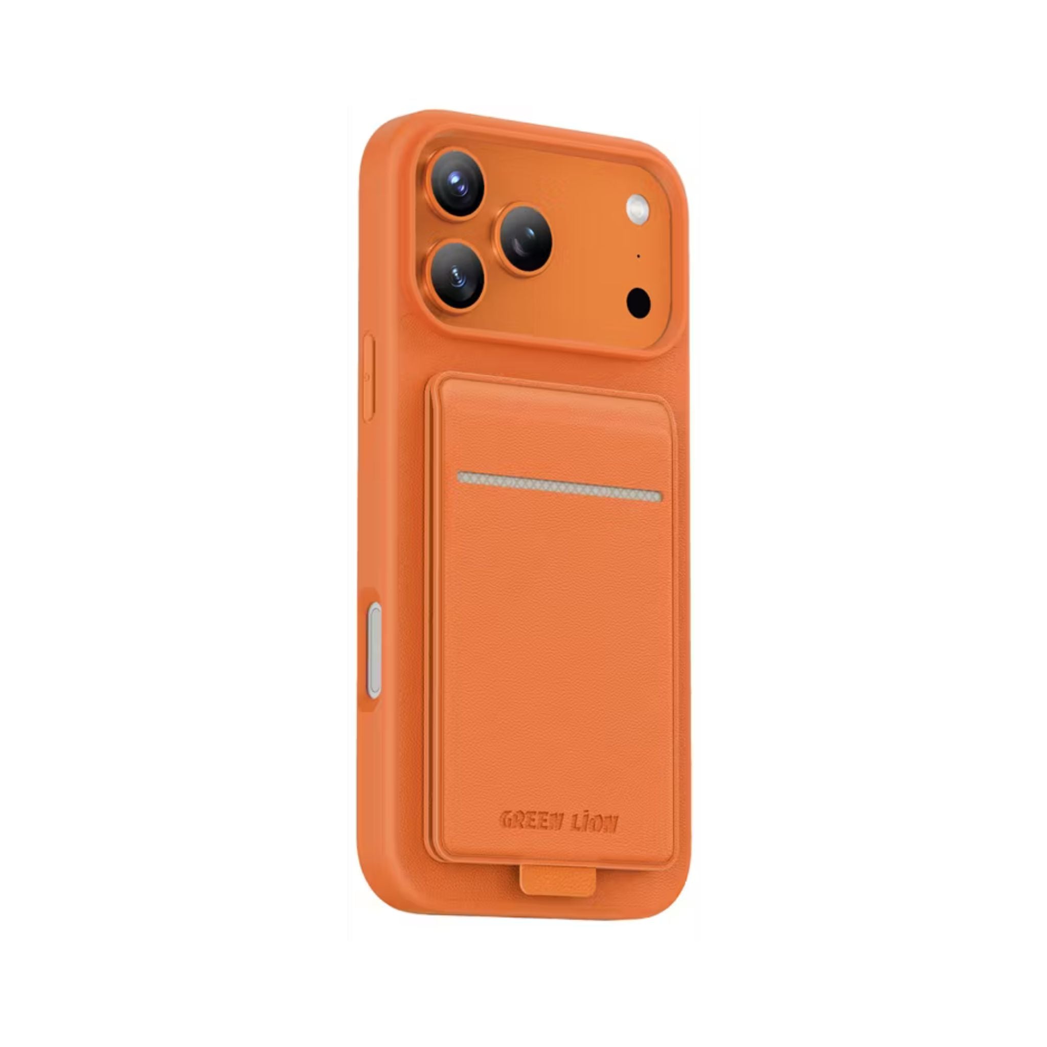 Green Lion Regal MagSafe Leather Case with Card Holder for iPhone 17 Pro, Anti-Fingerprint, Foldable Stand, Camera Protection, Comfortable Grip, Anti-Scratch, Shock Absorption - Orange