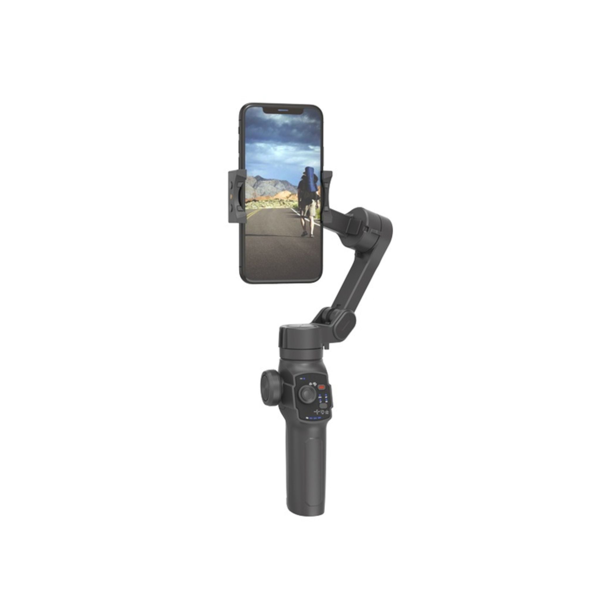 A black Porodo 3-Axis Gimbal Stabilizer with a smartphone attached, showing the folded design and the control panel.