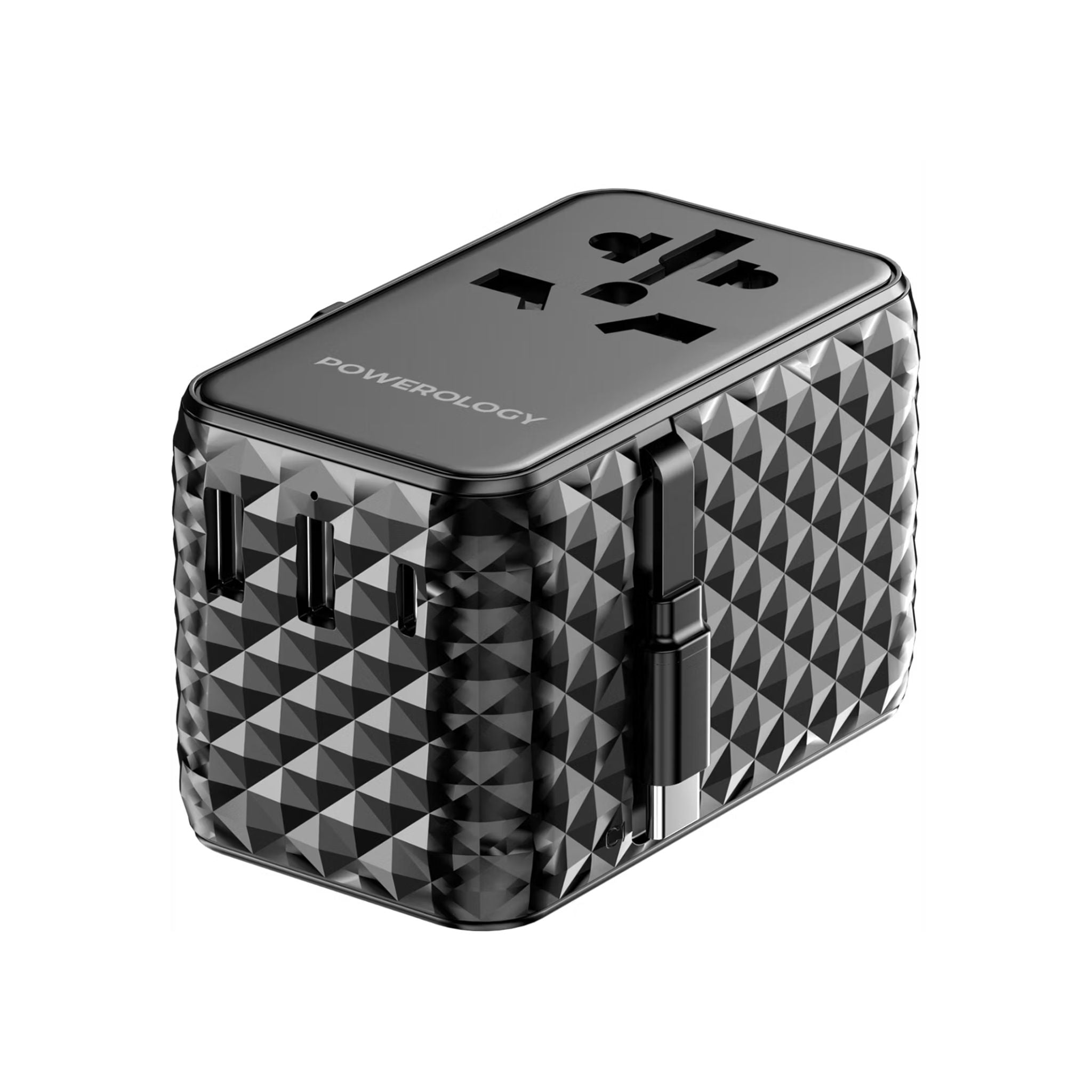 Powerology GaN 20W PD Universal Adapter with Retractable Type-C Cable, Simultaneous Charging, Includes Spare Fuse, Built-In Safeguard - Black