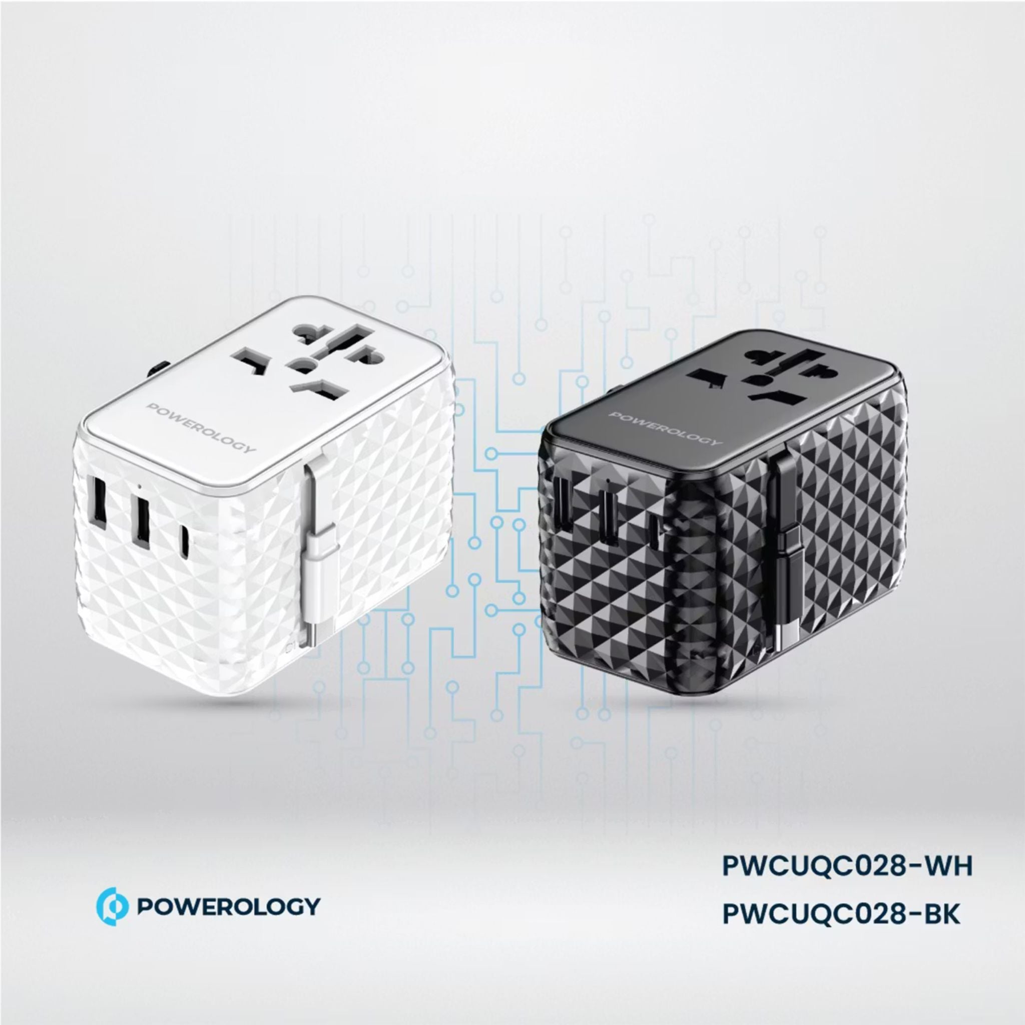 Powerology GaN 20W PD Universal Adapter with Retractable Type-C Cable, Simultaneous Charging, Includes Spare Fuse, Built-In Safeguard - Black