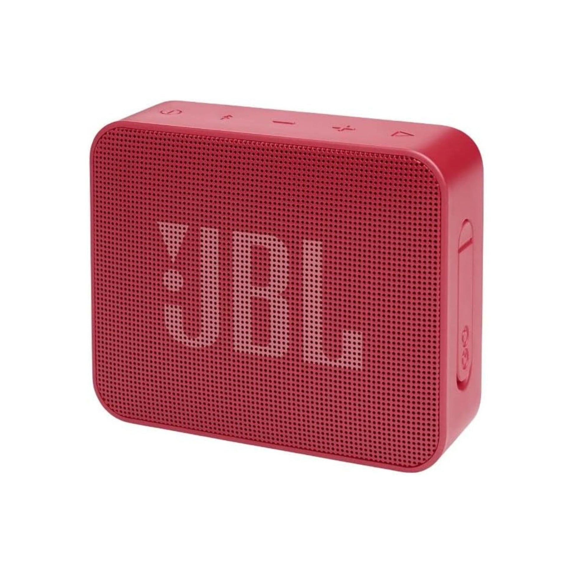 A red JBL Go Essential portable waterproof speaker.