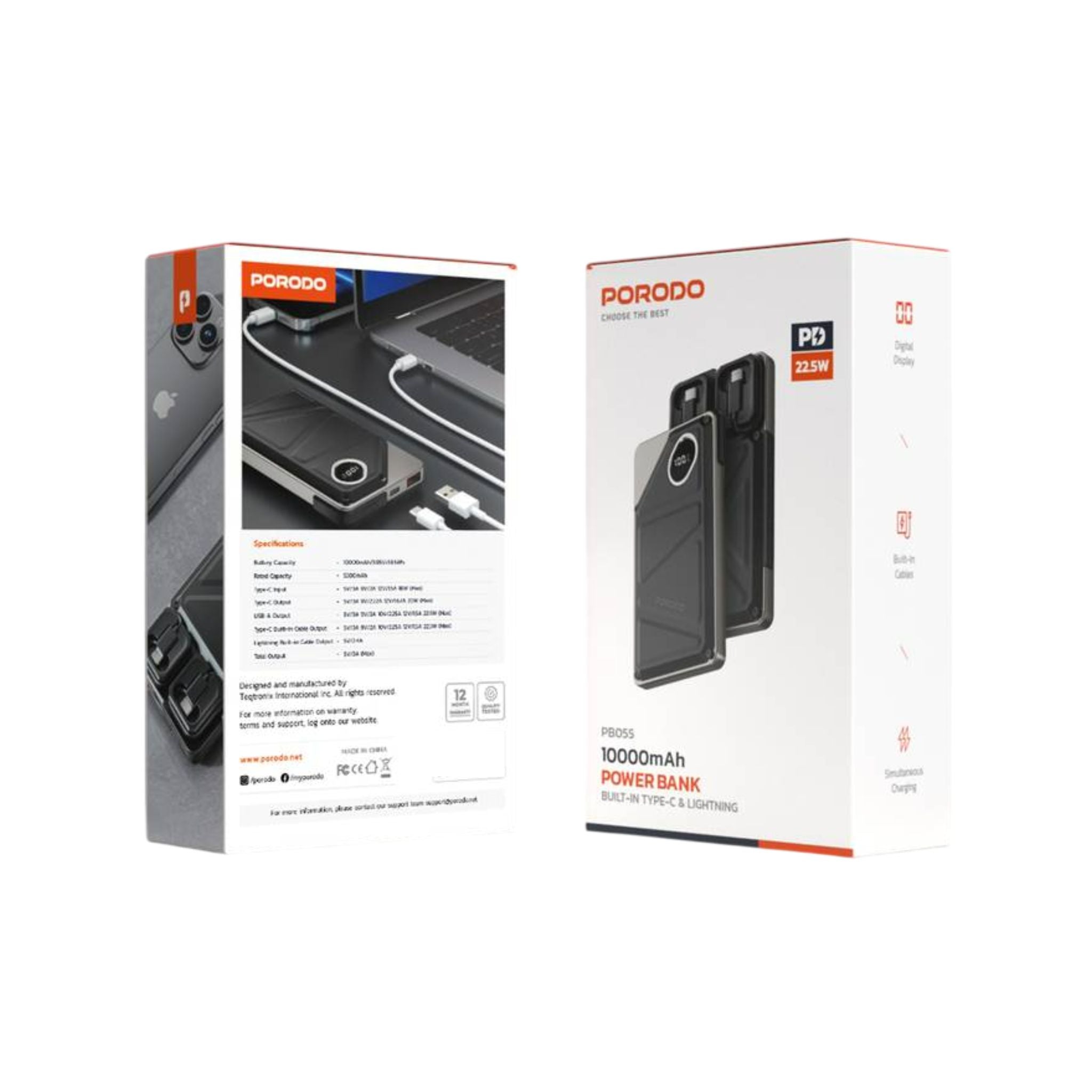 Porodo Power Bank 2x Type-C, 10000mAh, 2.4A Lightning, 22.5W USB-A Output, PD 20W, Digital Display, Simultaneous Charging - Black