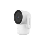 White security camera with black lens on a white background