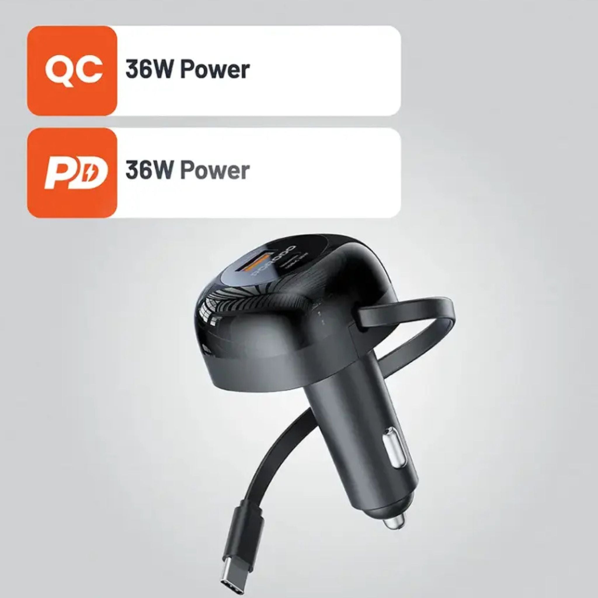 Porodo Dual Port Car Charger with 80cm Retractable Type-C Cable, Simultaneous Charging, Universal Compatibility, 47W Total Output Power - Black