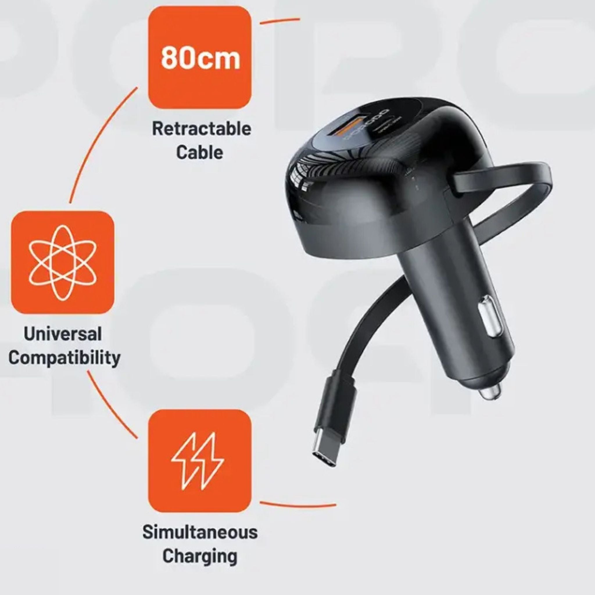 Porodo Dual Port Car Charger with 80cm Retractable Type-C Cable, Simultaneous Charging, Universal Compatibility, 47W Total Output Power - Black