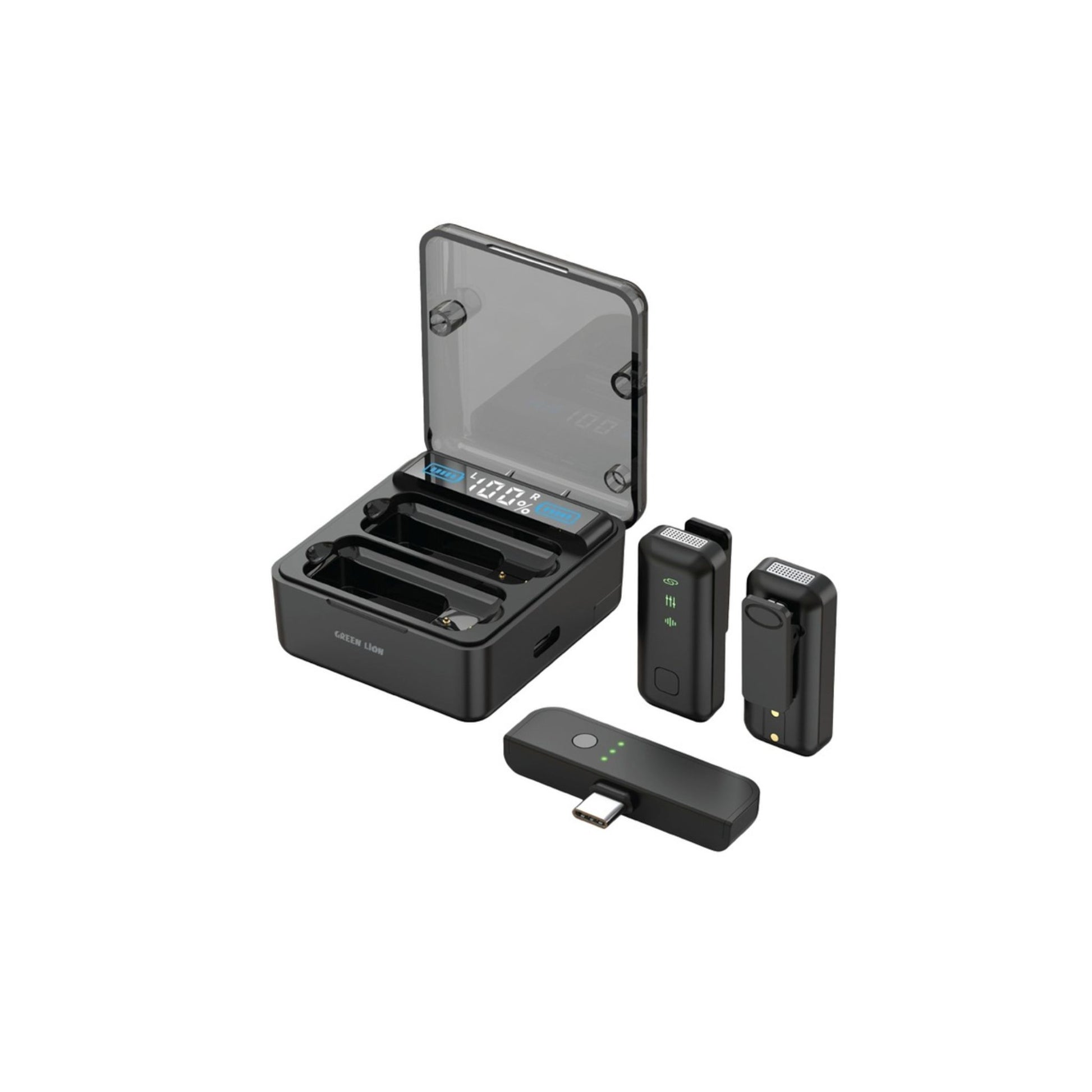 The image shows a Green Lion 2-in-1 microphone with digital display. The microphone is open, revealing its internal components, and there are two wireless transmitter units displayed beside it.