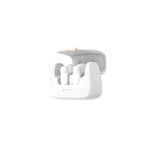 A white true wireless earbuds case with earbuds inside, featuring a charging indicator and touch control buttons.