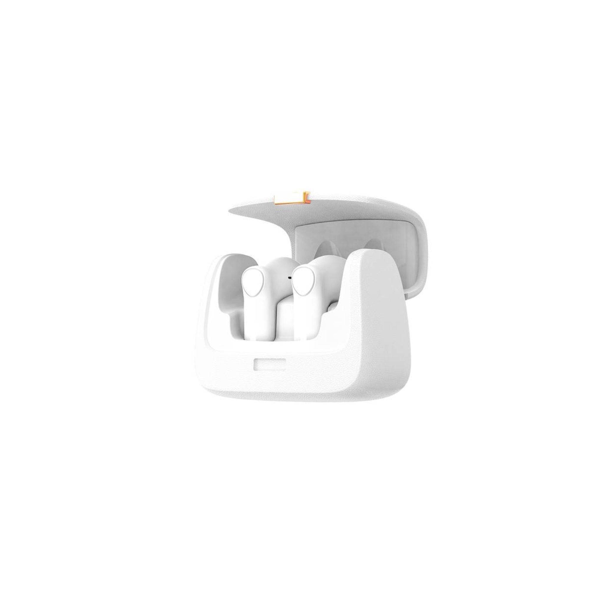 A white true wireless earbuds case with earbuds inside, featuring a charging indicator and touch control buttons.