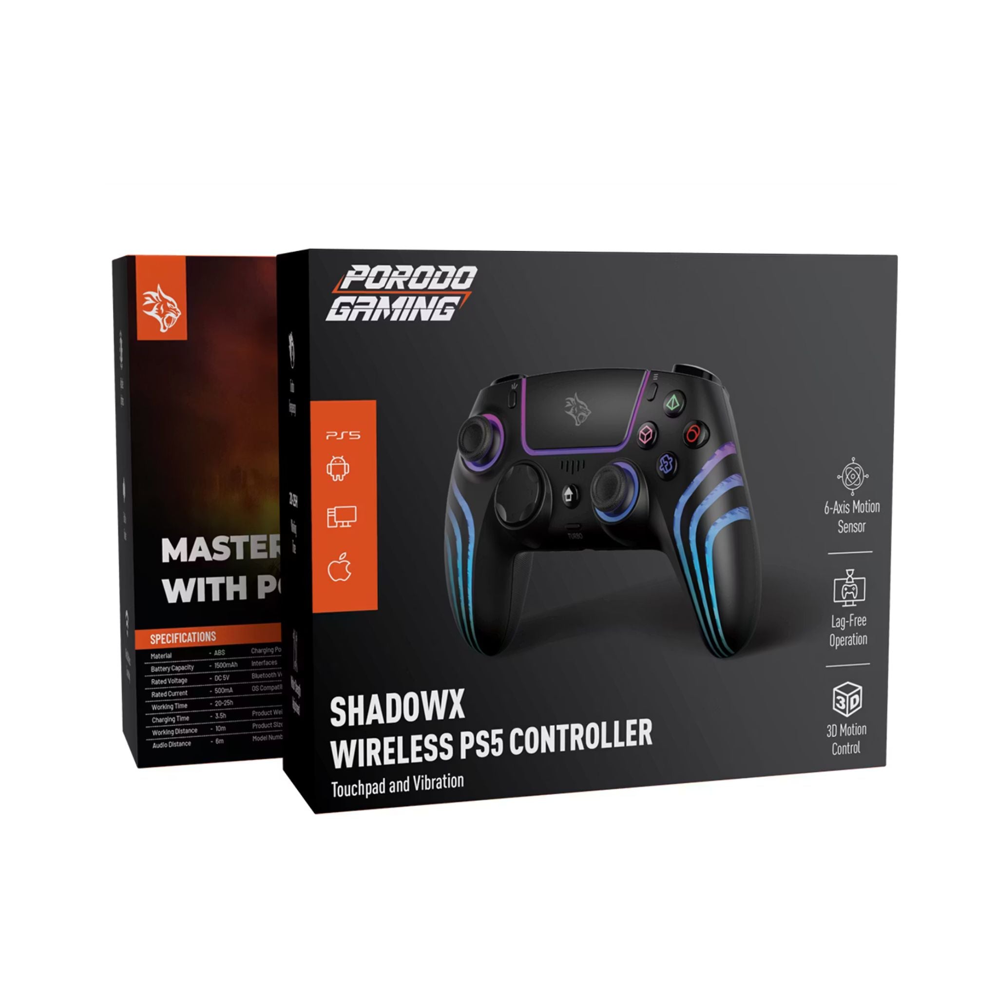 Porodo Gaming ShadowX Wireless Controller – Bluetooth 5.3, For Android / iOS / PC / PS5, RGB Adjustable Brightness, Built-in Speaker, Turbo Mode, USB-C Charging-Black