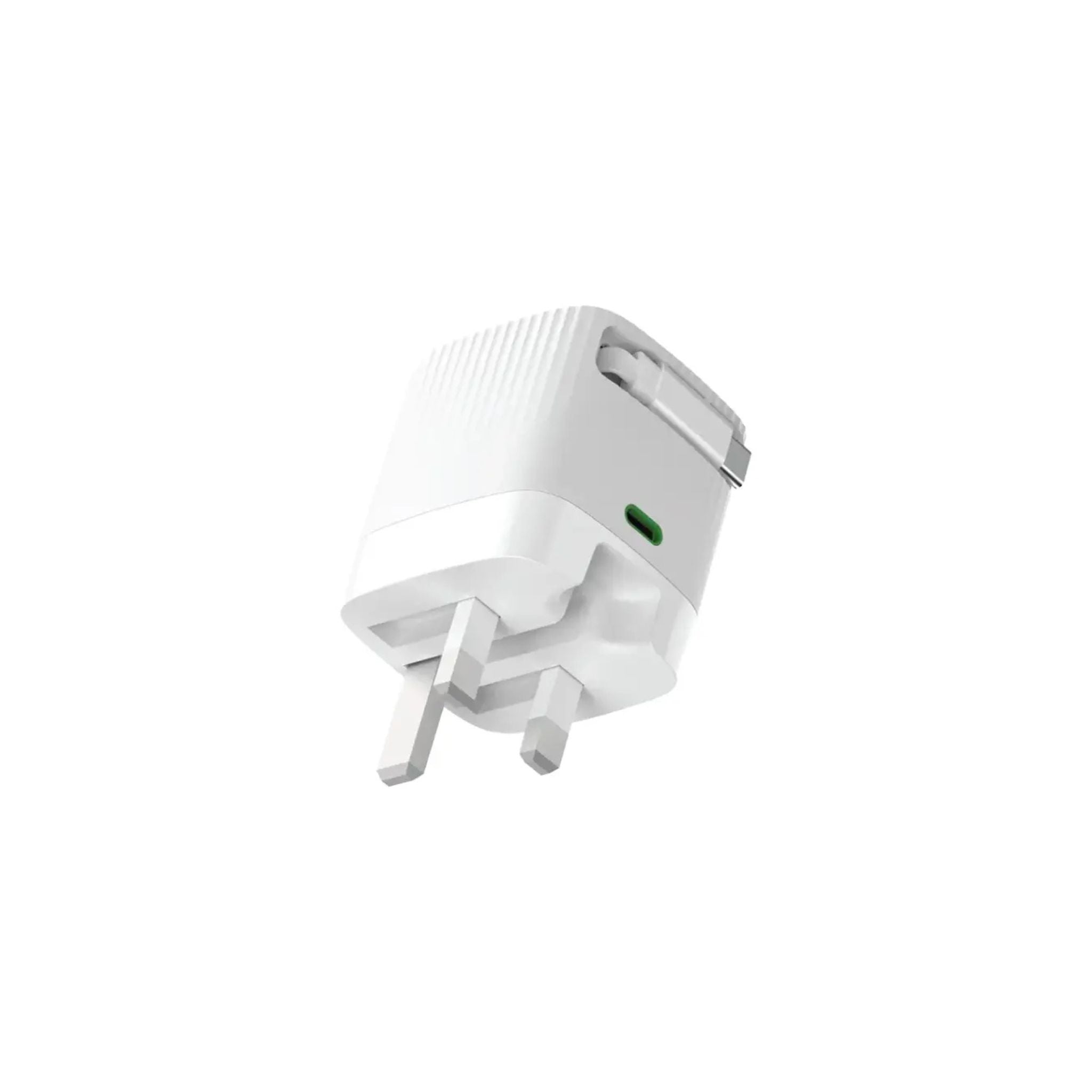 A white Green Lion Gan Adapter with a retractable USB-C cable, designed for fast charging.