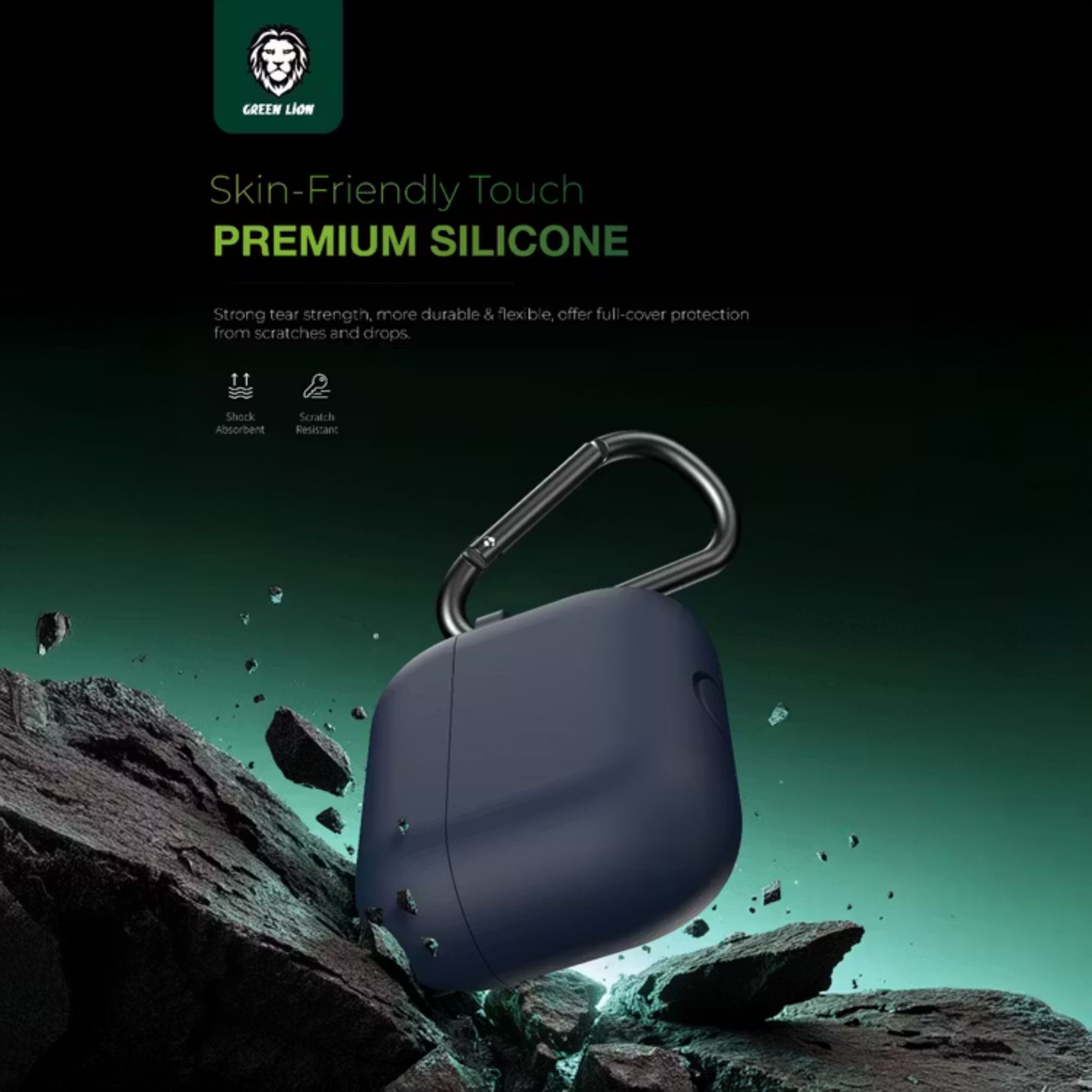 Green Lion Berlin Series Silicone Case for AirPods Pro 3 with Portable Metal Carabiner, 360° Full Protection, Seamless Fit, Skin-Friendly Touch, One-Piece Design, Anti-Scratch, Shockproof - Blue