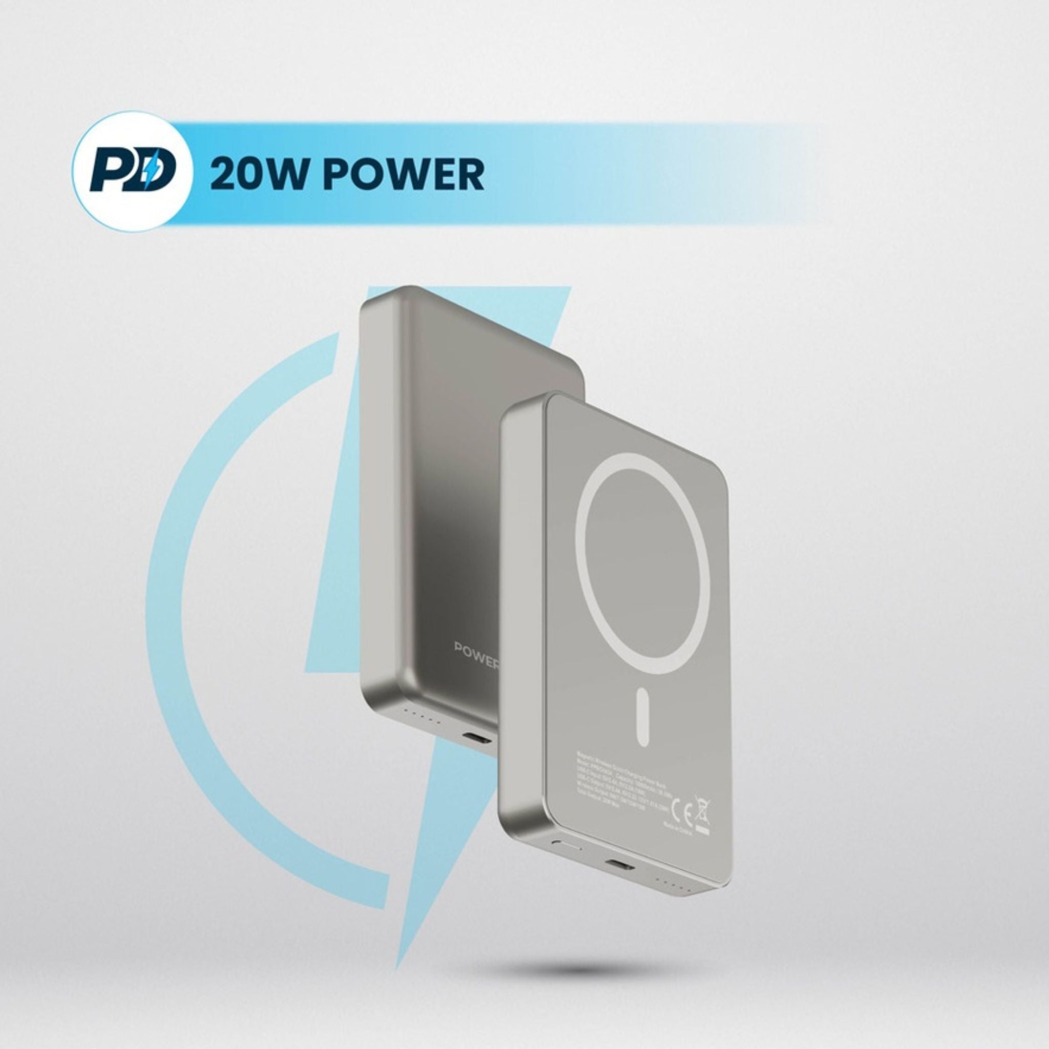 Powerology 10000mAh MagSafe Aluminum Power Bank with Battery Level Indicator, Lightweight & Compact Design, Fast & Simultaneous Charging, Type-C Input & Output, 15W Wireless Output - Titanium