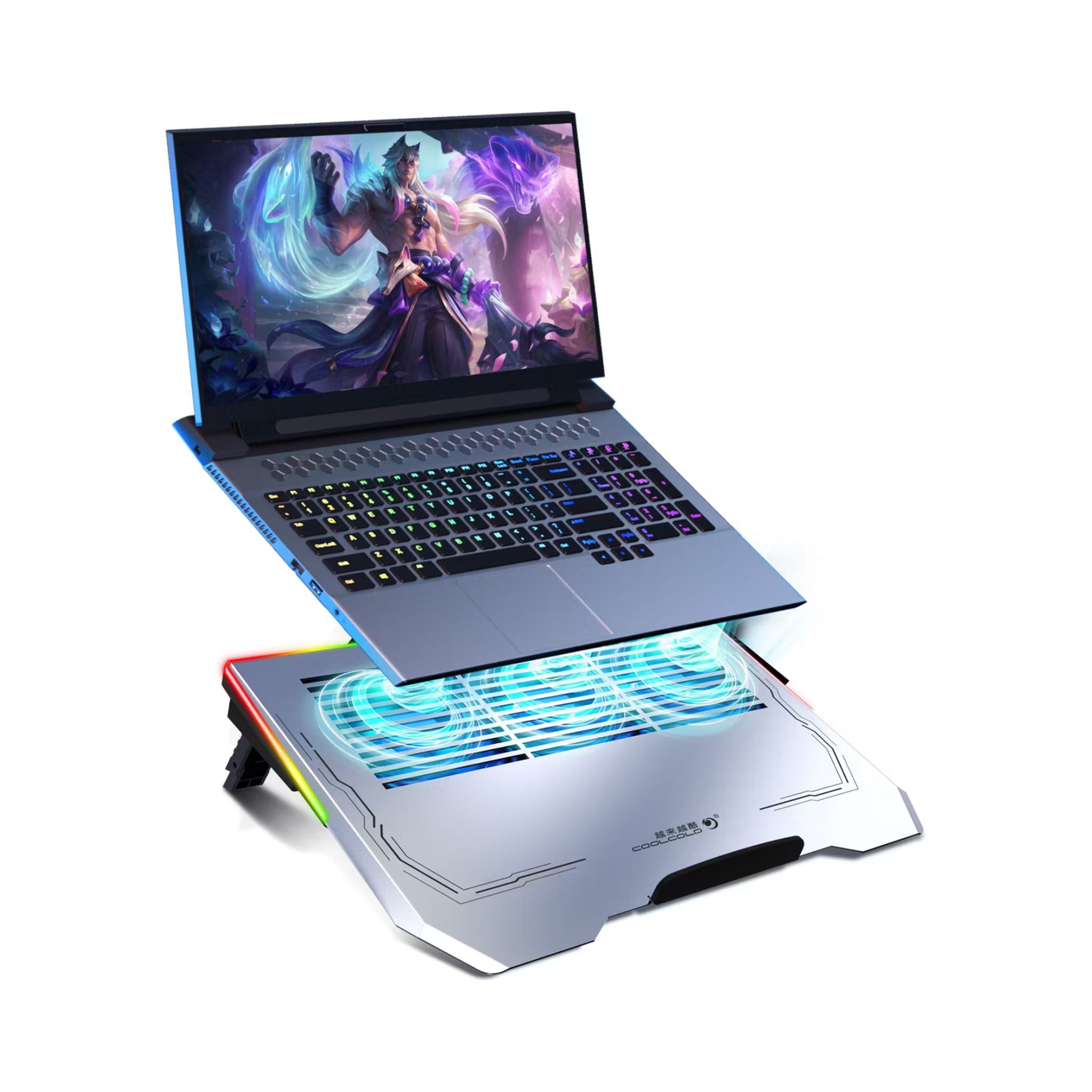 Porodo Gaming Aluminum Multi-Fan Cooling Pad, up to 17" Devices Compatible, 3 Viewing Angles, 3 Fan Levels, 1500 RPM, 28dB Low Noise - Silver