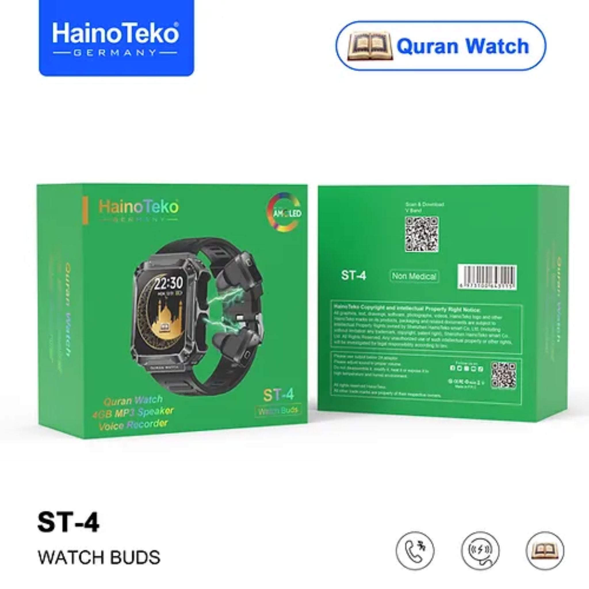 Haino Teko ,Buds ST-4 With Large Screen Square Shape AMOLED Display for Ladies and Gents-Black