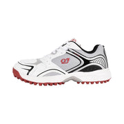 White sports shoe with black and red accents on a white background