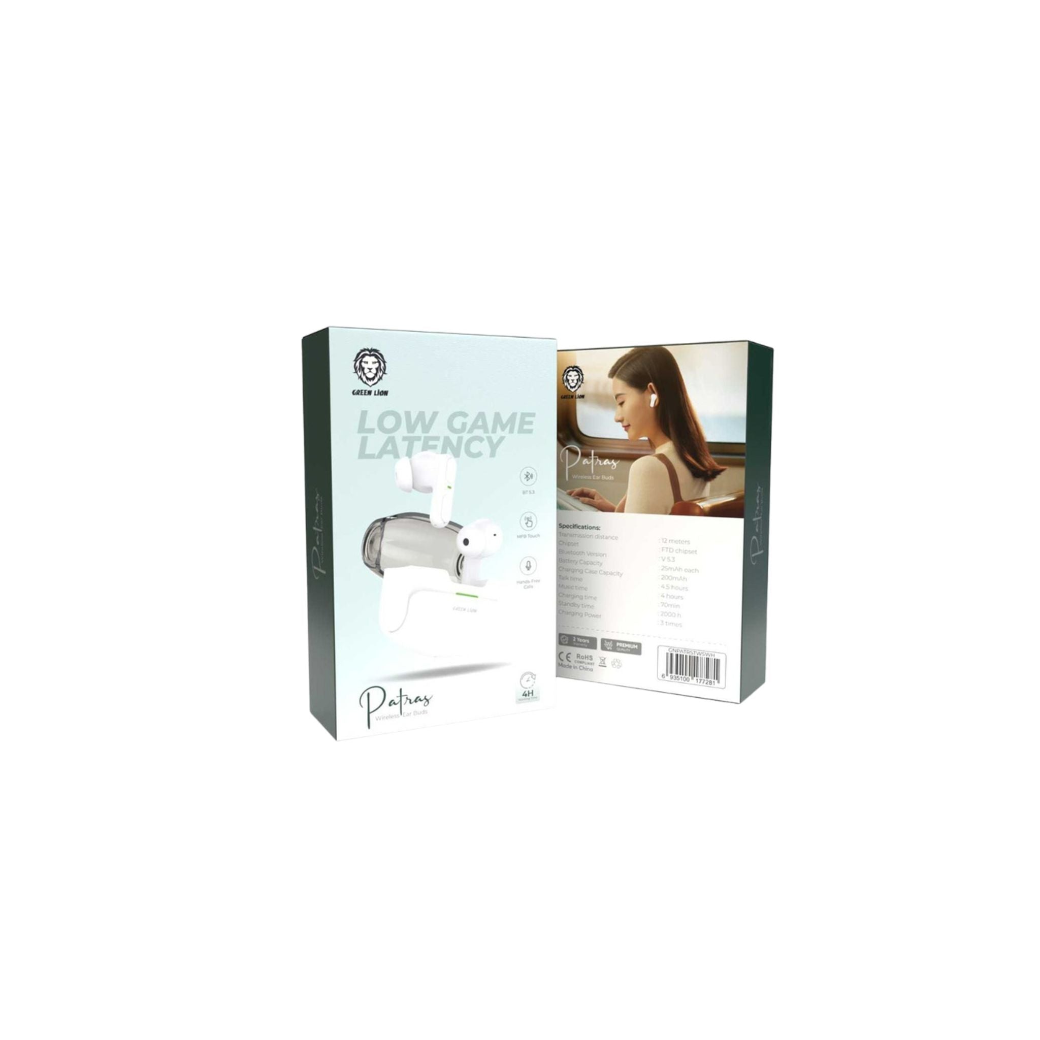 Green Lion Patras Wireless Earbuds, Hands-Free Calls, Multifunction Touch, 4.5 Hours Talk Time, 4 Hours Play Time, 83 Days Standby Time, Bluetooth Version 5.3 - White