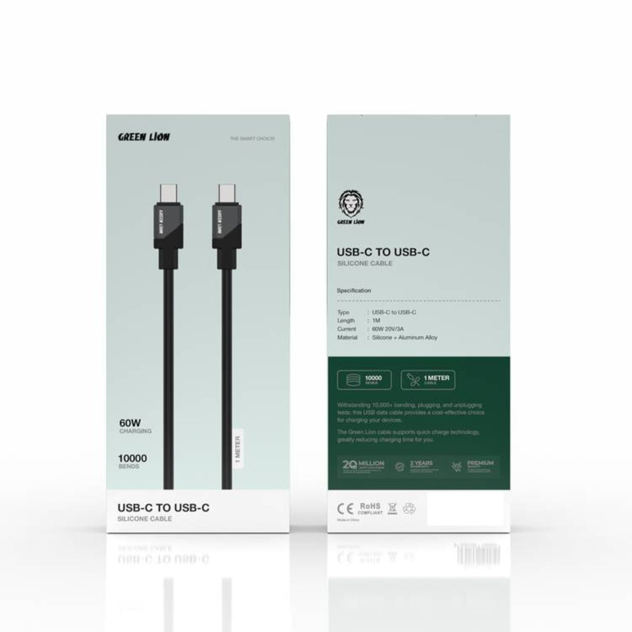 Green Lion USB-C to USB-C Silicone Cable with 480Mbps Transfer Speed, 60W Charging, Up to 10,000 Bends Lifespan, Wide Compatibility - Black