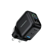 Porodo Nexora 65W 3-Port Wall Charger with LCD Display / GaN Technology / Laptop Charger / PD 65W,QC 30W - Black
