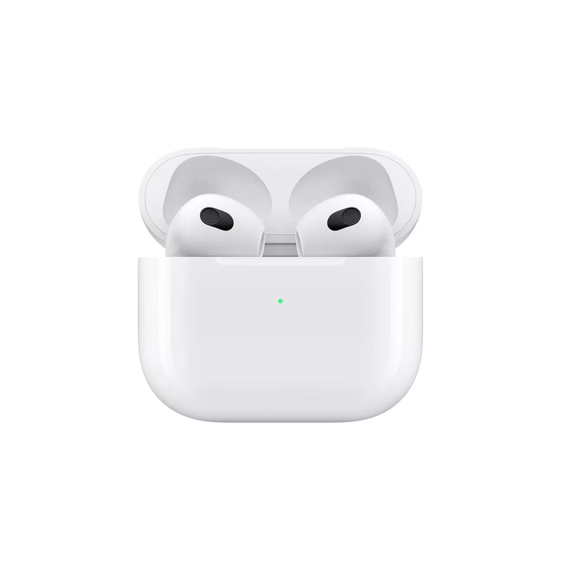 A single white wireless earbud with a charging case, featuring a sleek design with a visible LED indicator.