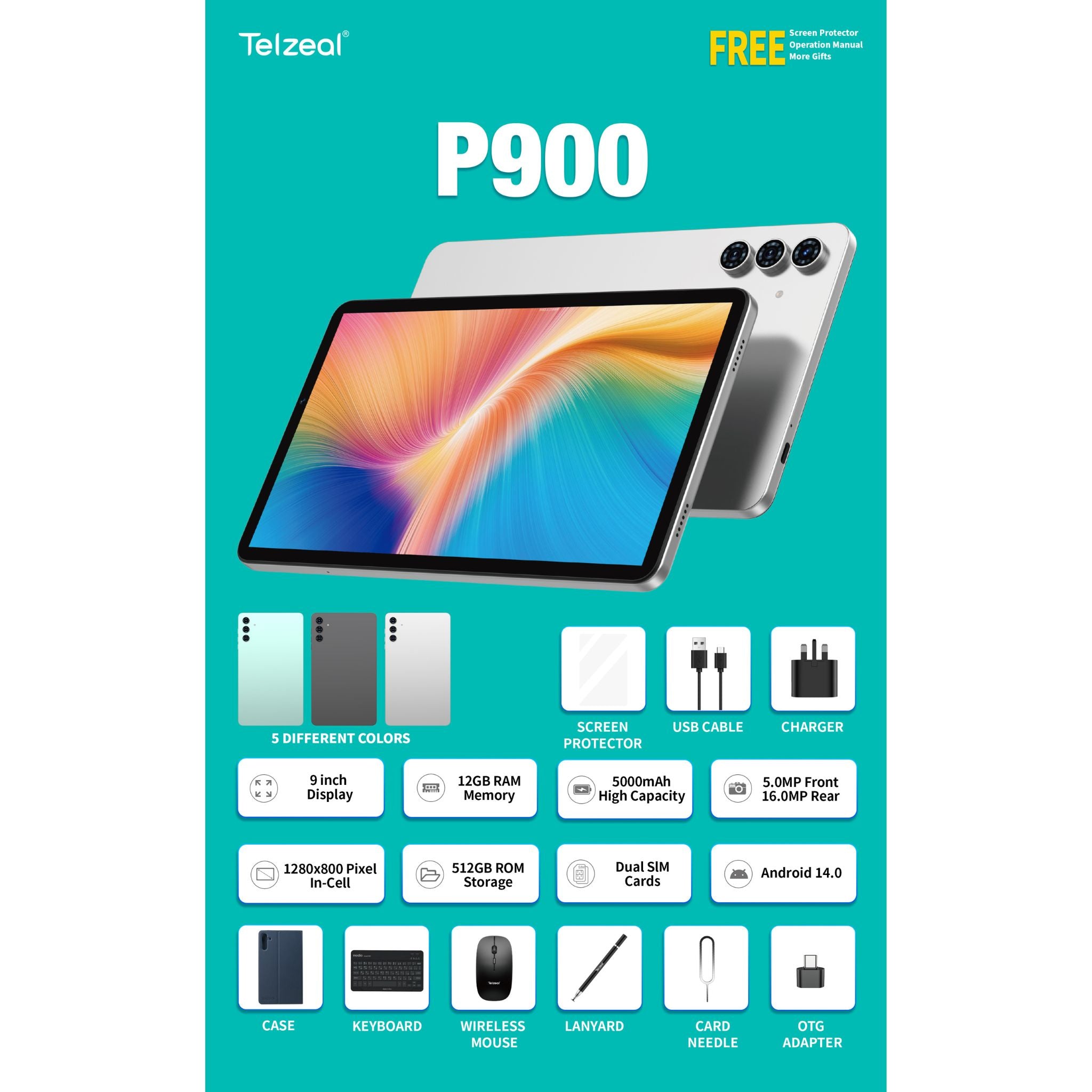 Product packaging for Telzeal P900 tablet with features listed on a teal background
