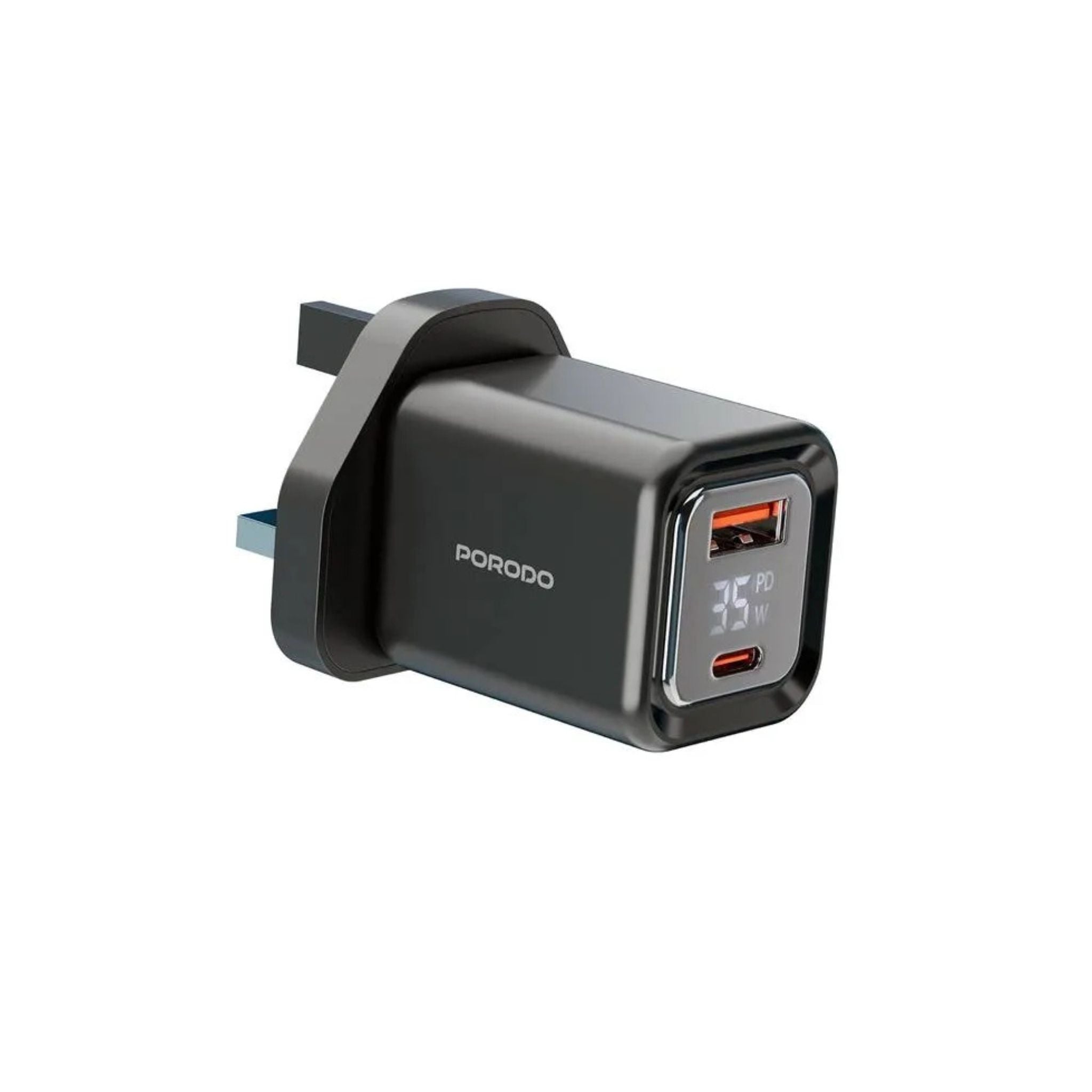 Porodo PD35W GaN Fast Charger with LCD Display, USB-C PD 35W Output, UK Plug, Includes Lightning Transparent Cable for iPhone & iPad, High-Speed Power Adapter – Black