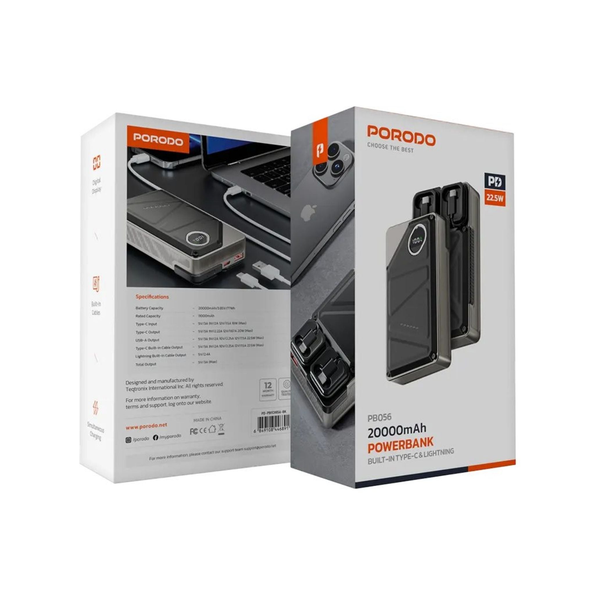 Porodo 20000mAh Power Bank Built-In Type-C & Lightning - Black