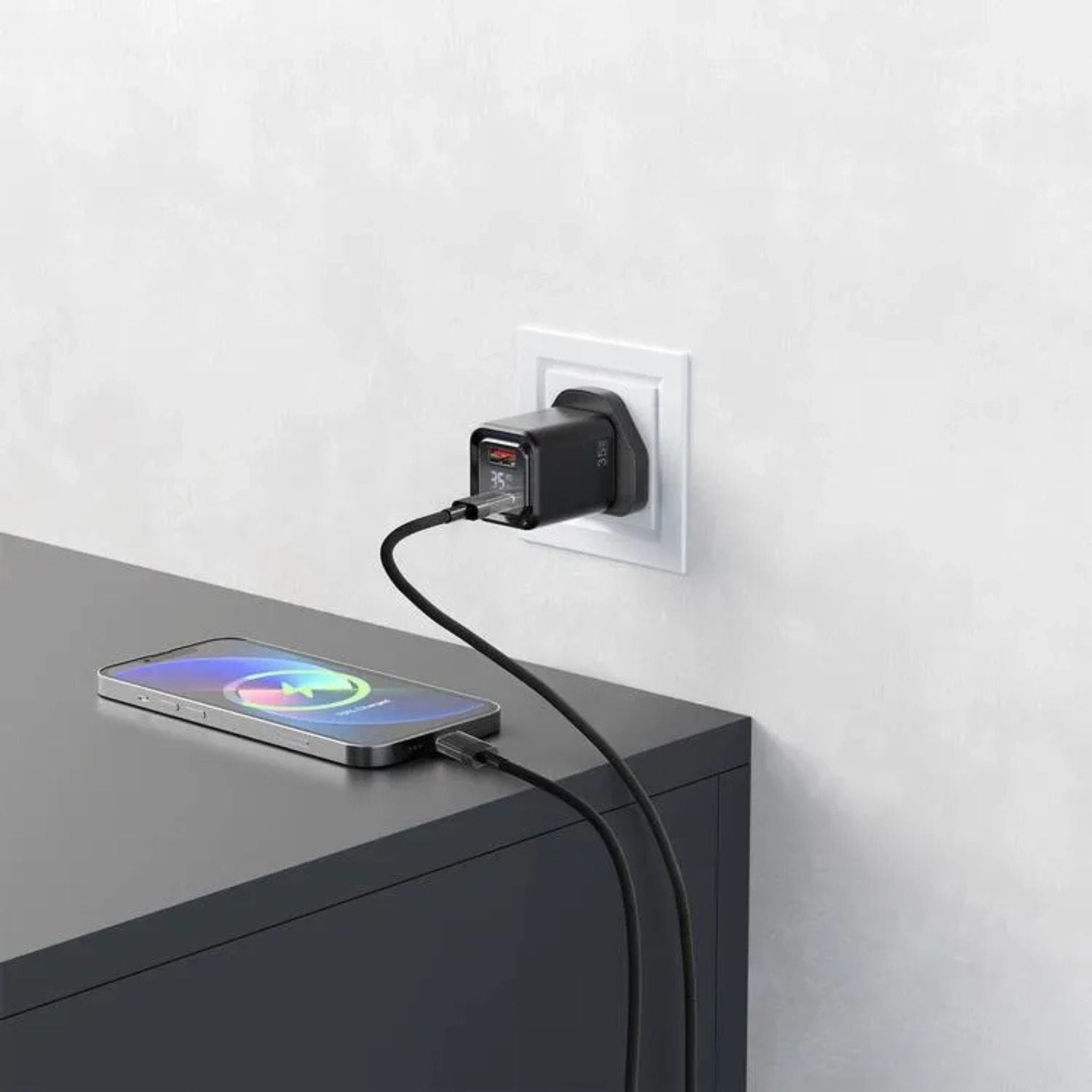 Porodo PD35W GaN Fast Charger with LCD Display, USB-C PD 35W Output, UK Plug, Includes Lightning Transparent Cable for iPhone & iPad, High-Speed Power Adapter – Black