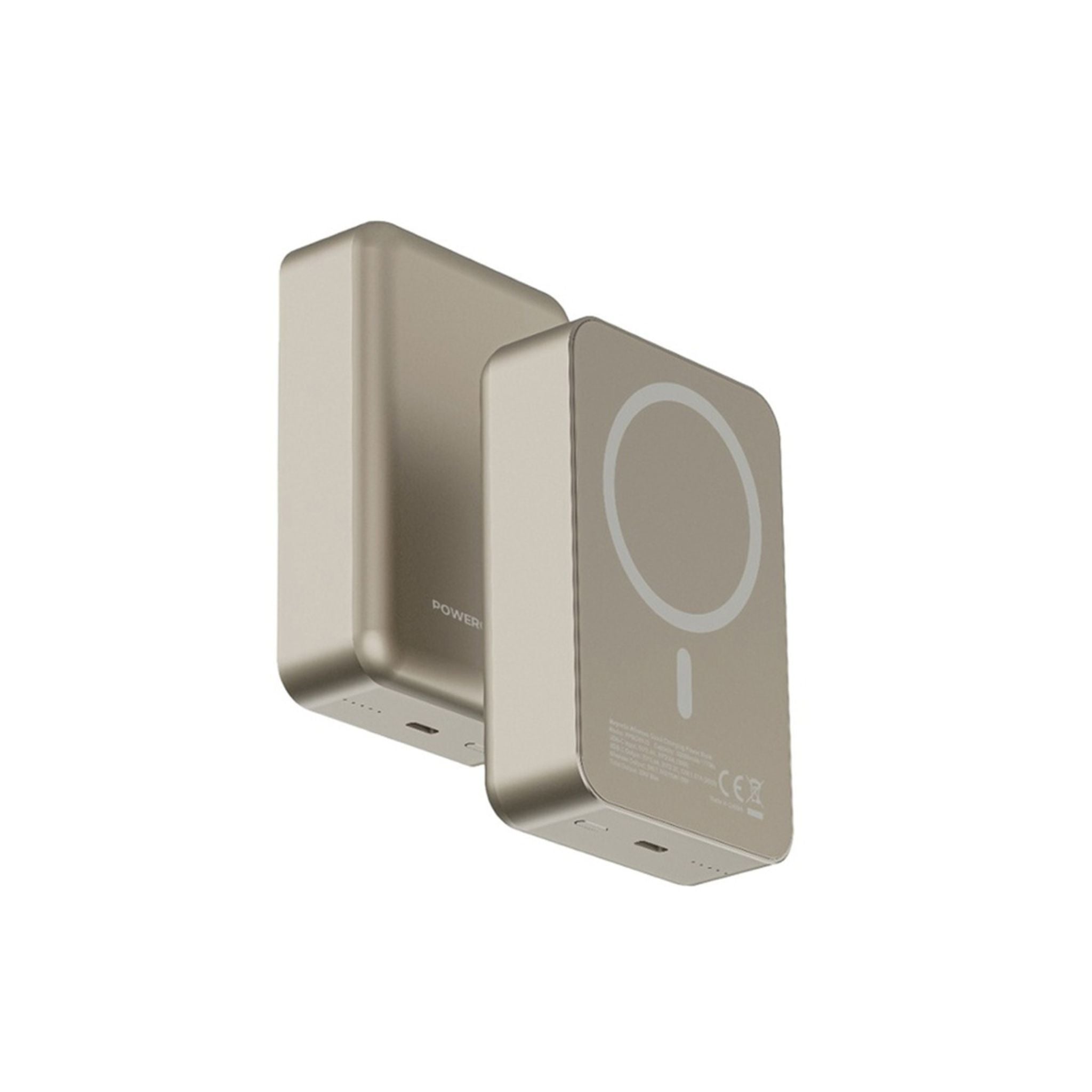 A rectangular Powerology power bank with a titanium finish, featuring a front-facing LED indicator and branding on the side.