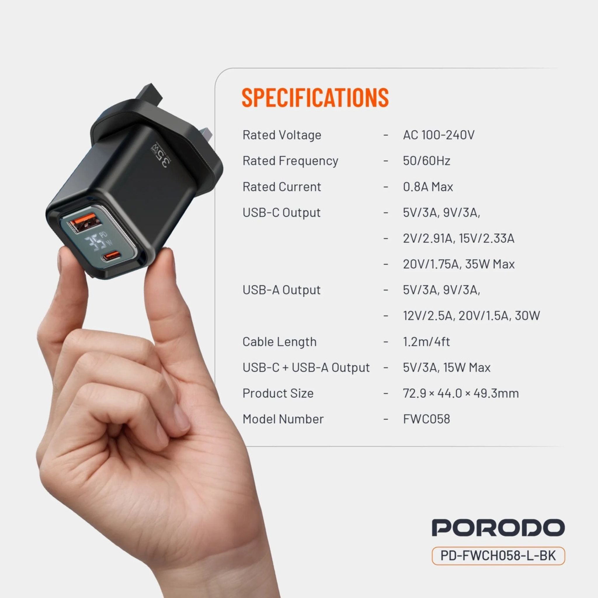 Porodo PD35W GaN Fast Charger with LCD Display, USB-C PD 35W Output, UK Plug, Includes Lightning Transparent Cable for iPhone & iPad, High-Speed Power Adapter – Black