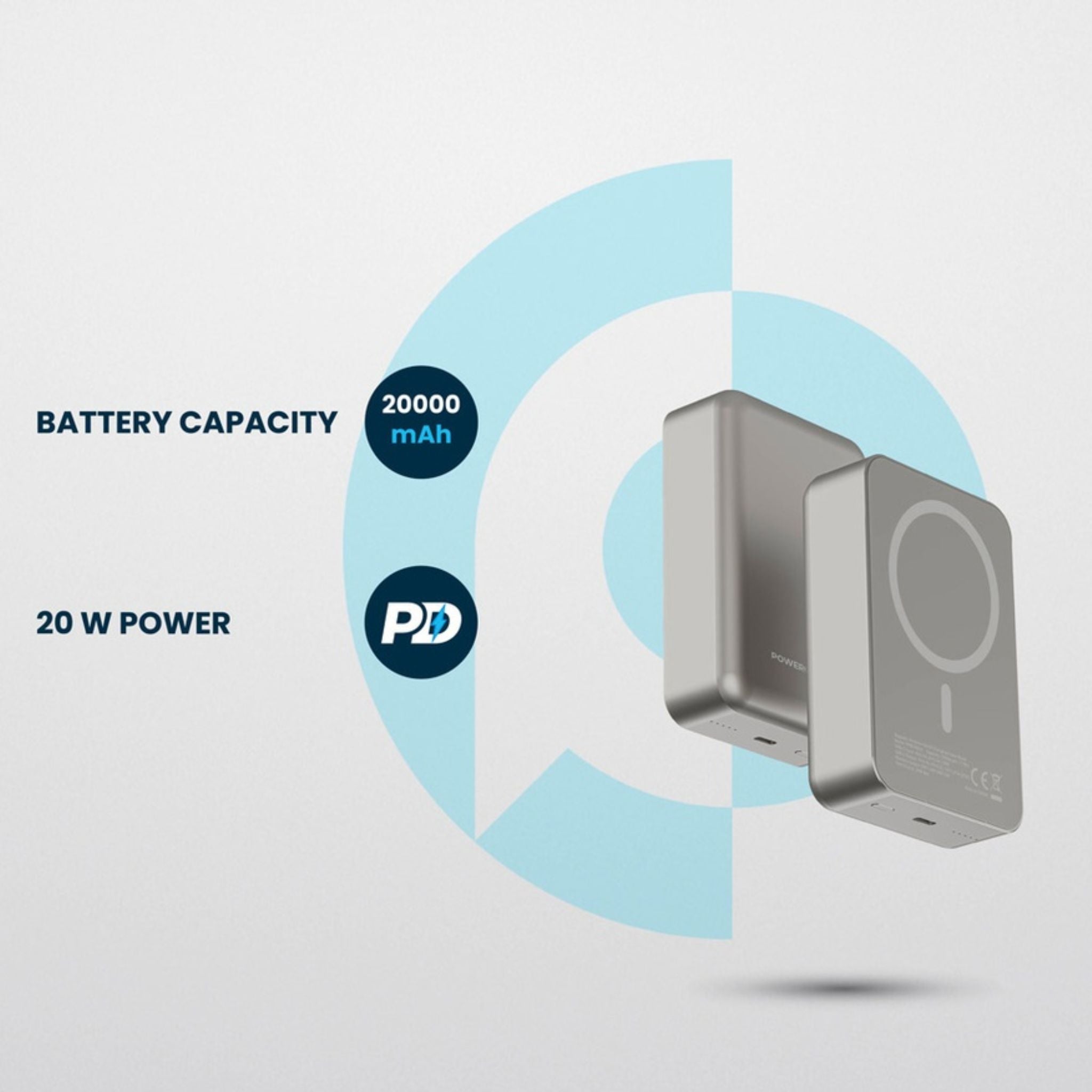 Powerology 20000mAh Power Bank, Compatible with MagSafe, PD 20W Fast Charge, 15W Wireless Output, Simultaneous Charging, Compact Design & Portable_Titanium