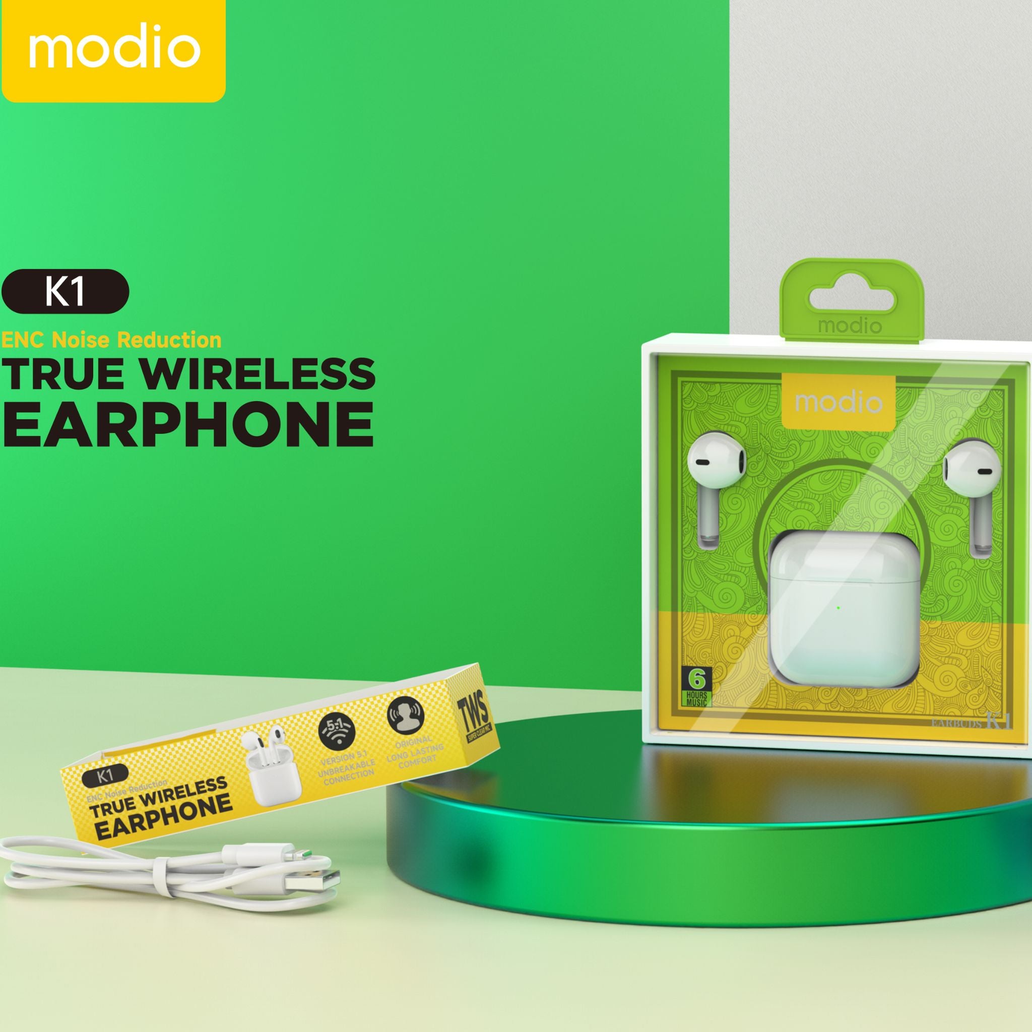 Modio K1 True Wireless Earbuds – White, In-Ear Comfort, Touch Controls, Bluetooth 5.1 Unbreakable Connection, HD Stereo Sound, Durable Long-Lasting Design, Wireless Headphones for Music & Calls