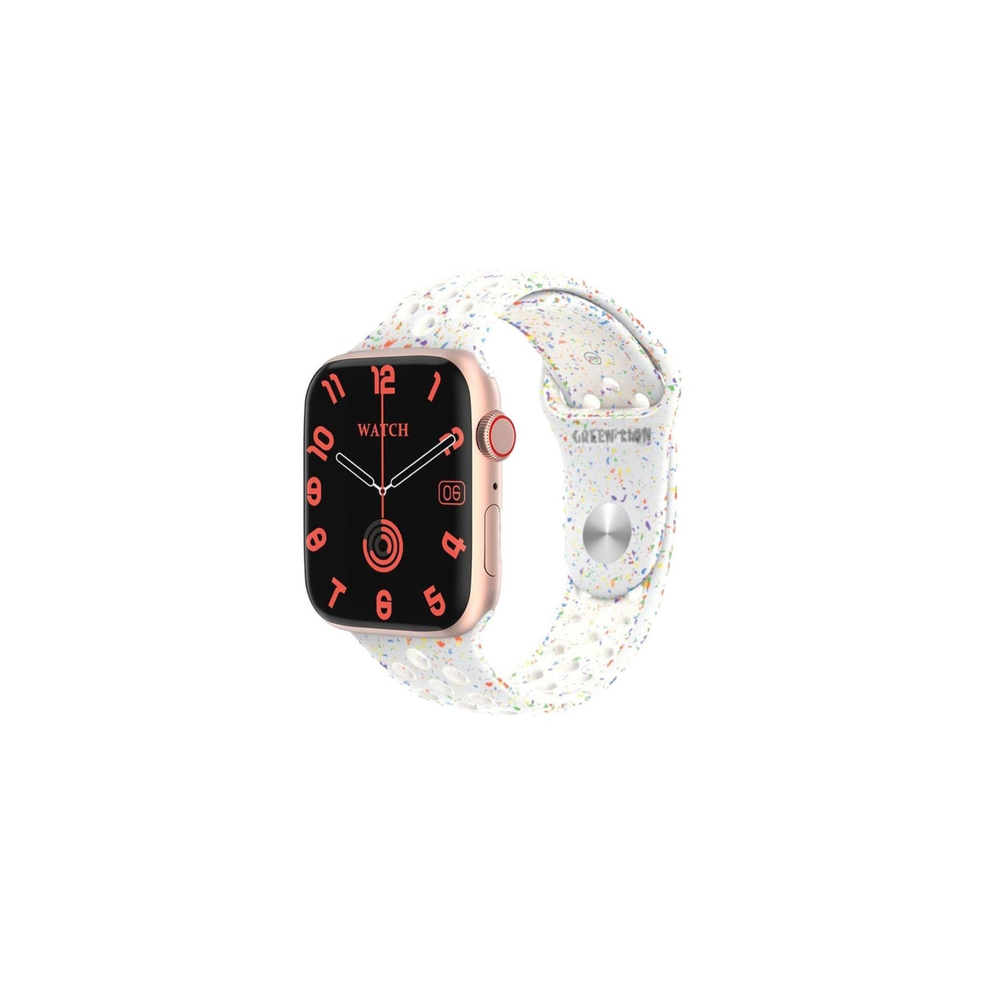 A Green Lion Ultimate Smart Watch with a rose gold case and a silicone strap featuring a digital display with red hands and markings.