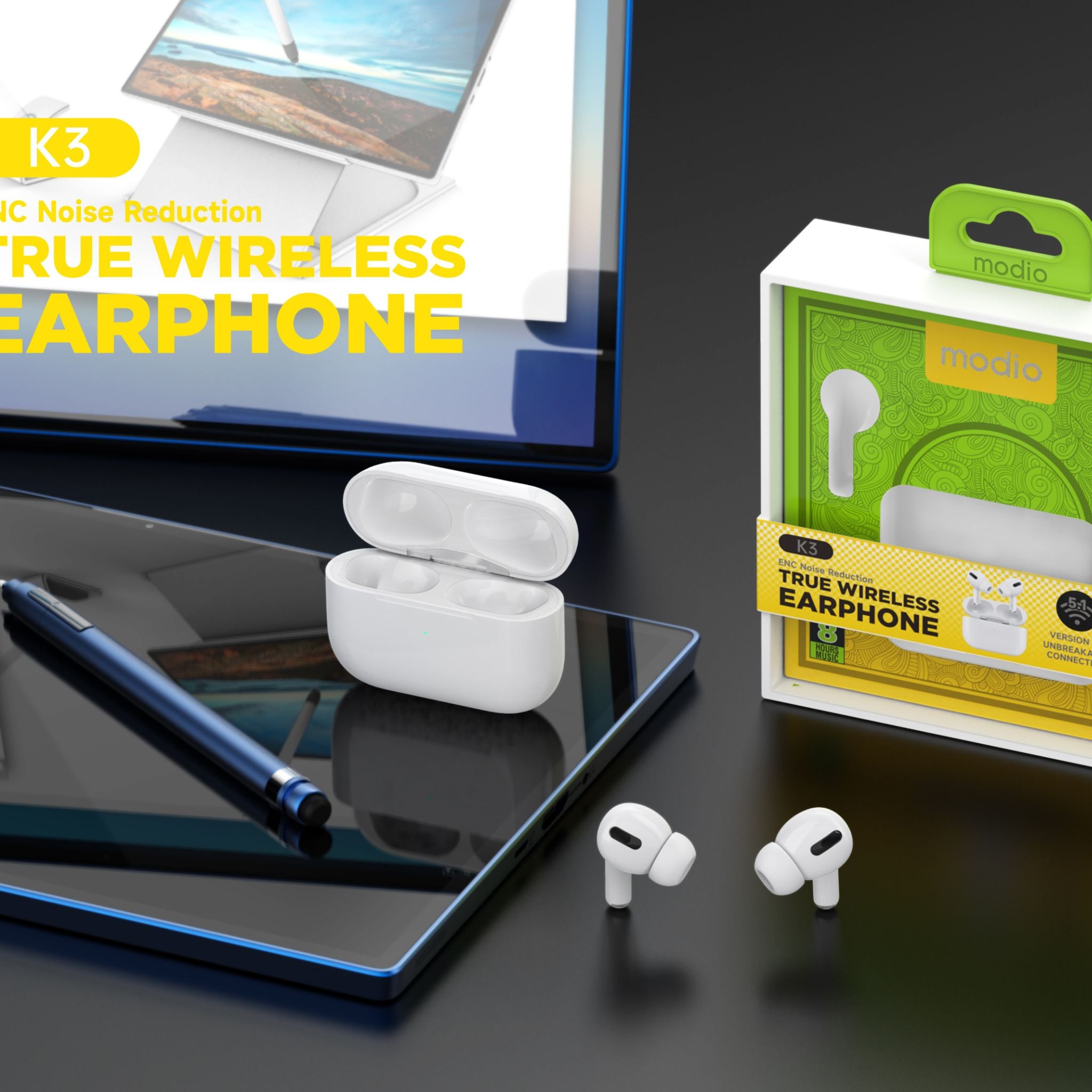 Modio K3 True Wireless Earphones – ENC Noise Reduction, Bluetooth 5.1, In-Ear TWS, High-Quality Audio with Crisp Highs & Deep Bass, User-Friendly Controls, Long Battery Life, Sleek Comfortable White Design