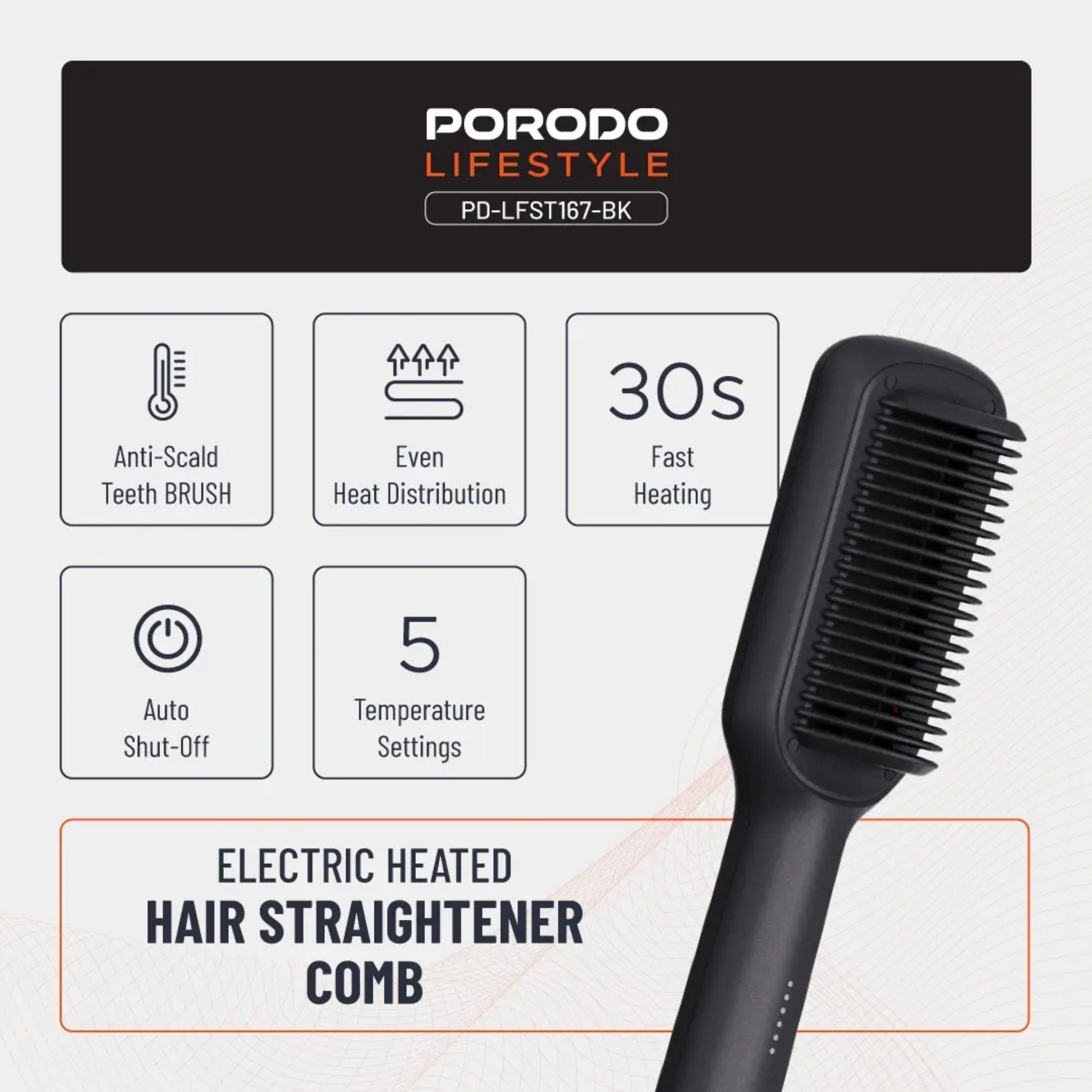 Porodo Lifestyle Electric Heated Hair Straightener Comb, 5 Heat Settings 140°C-200°C, Ceramic Coating, Anti-Scald Teeth, 30s Fast Heating, Auto Shut-Off, Frizz Reduction Hair Styler, UK Plug- Black