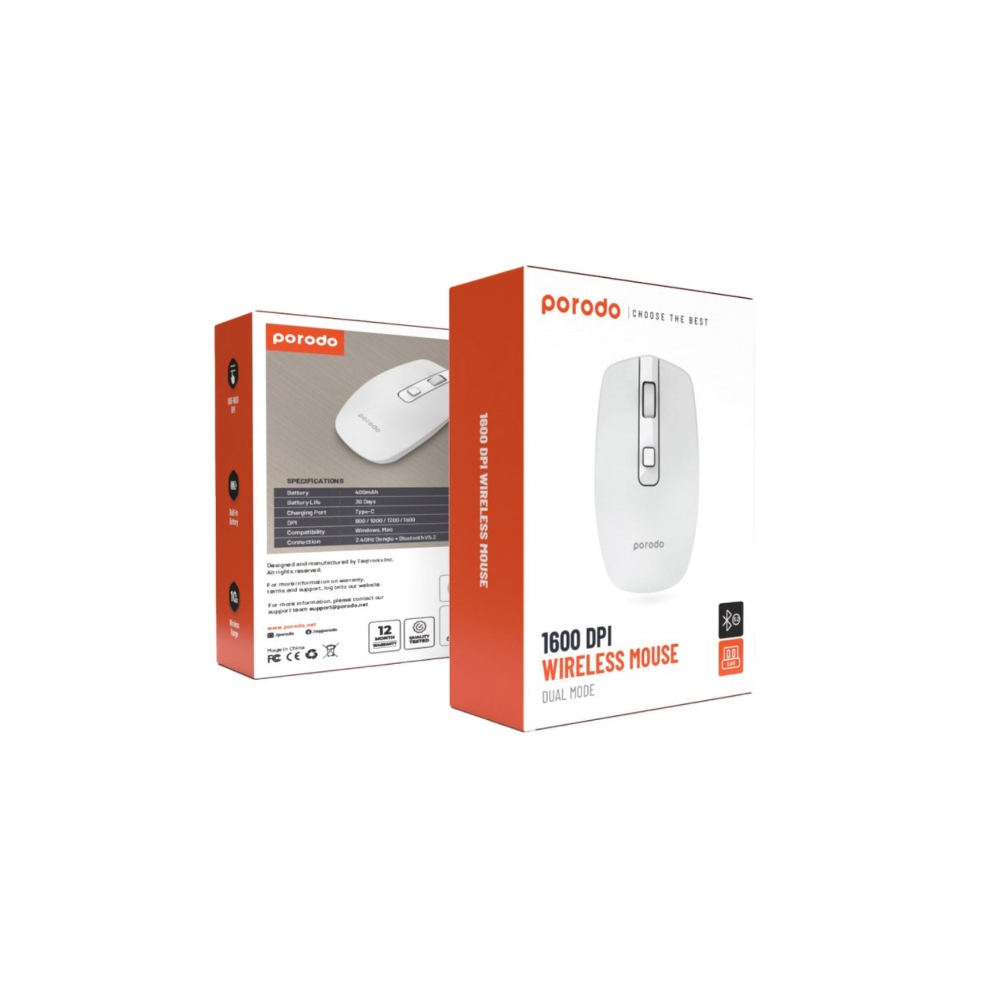 Porodo Wireless Mouse with Bluetooth 5.2 & 2.4GHz Dongle, Adjustable DPI 800/1000/1200/1600, 10m Wireless Range, 400mAh Battery, Up to 30 Days Battery Life, Type-C Charging, Compatible with Windows & Mac – Wireless Mouse - White