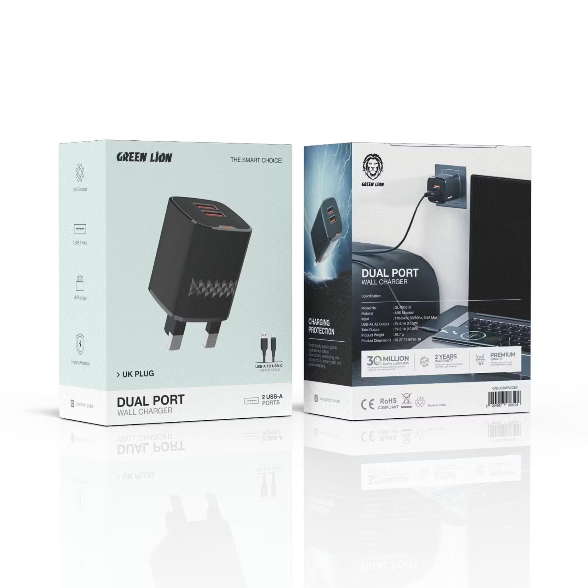 Green Lion Dual Port Wall Charger with USB-A to USB-C Cable, 10.5W per USB-A Output, ABS Material, UK 3-Pin Plug, Smart Safety System, Ultra-Compact Design - Black