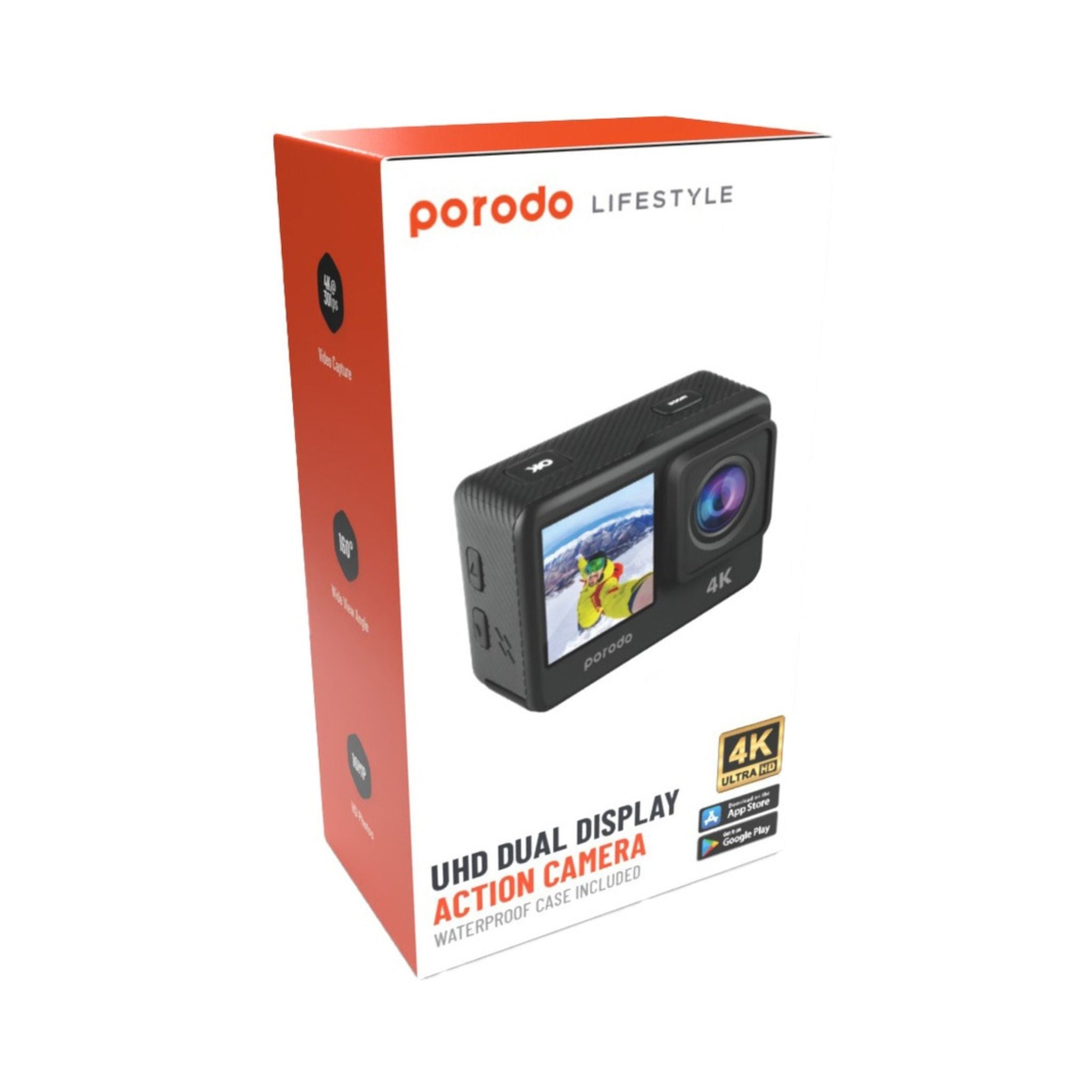 Porodo Lifestyle Dual Display Action Camera, 4K 30fps Video, 16MP Photos, 2.0'' + 1.3'' Dual Screens, Wi-Fi Connectivity, Waterproof Case, Multiple Shooting Modes, 900mAh Battery, Micro-SD up to 64GB, Mount Accessories Included, Windows & Mac – Black